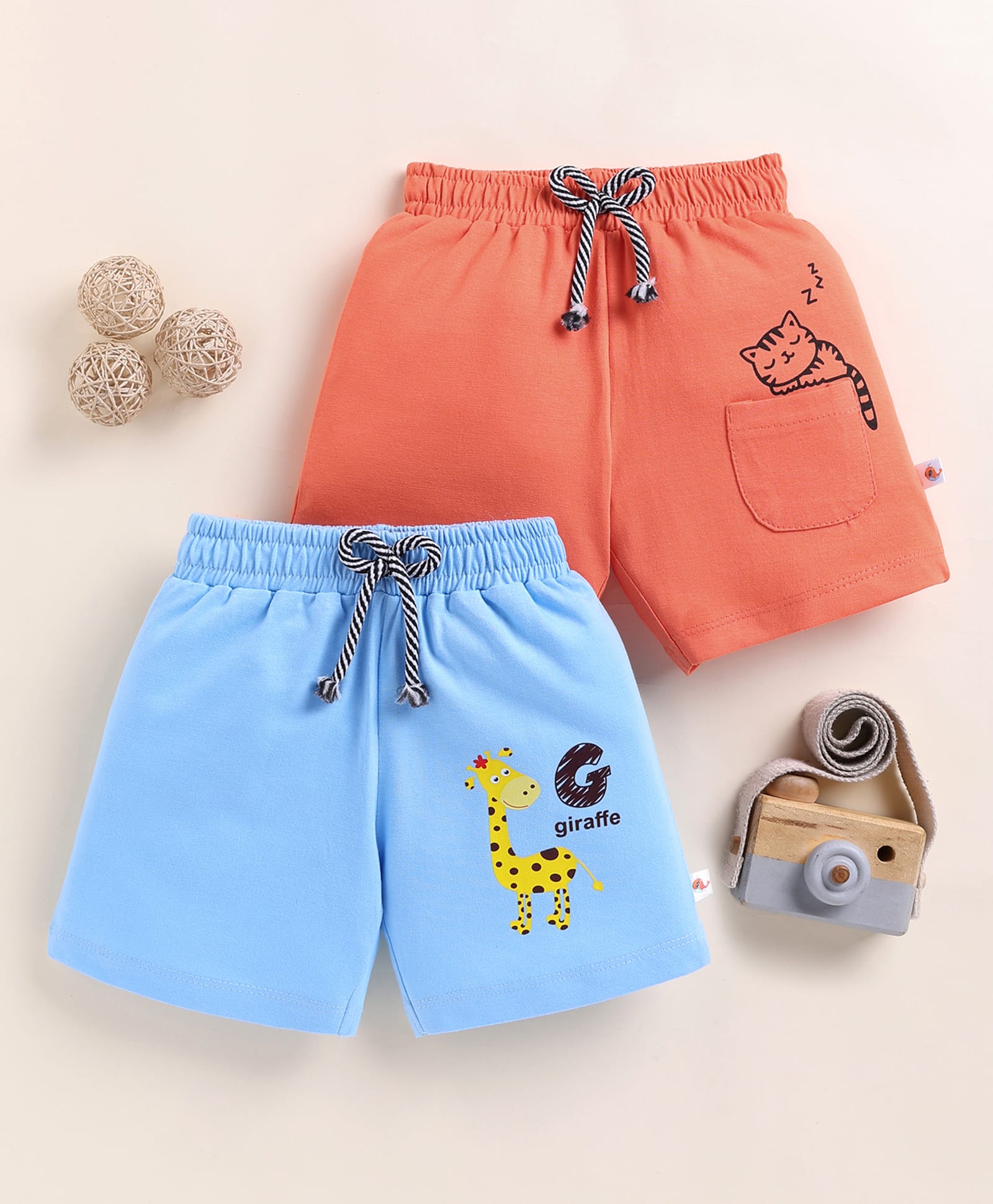 BUMZEE Cotton Knit Above Knee Length Animal Printed Shorts Pack Of 2 - Orange & Light Blue-picture-16