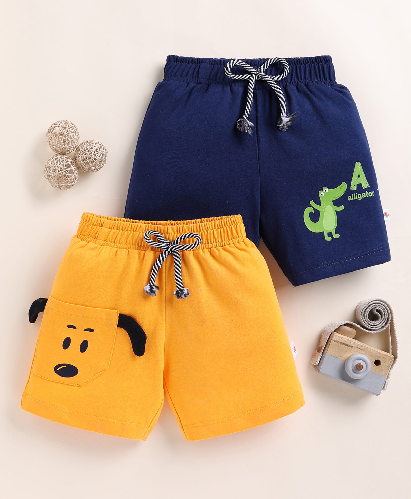 BUMZEE Cotton Knit Above Knee Length Animal Printed Shorts Pack Of 2 - Yellow & Navy Blue-picture-14