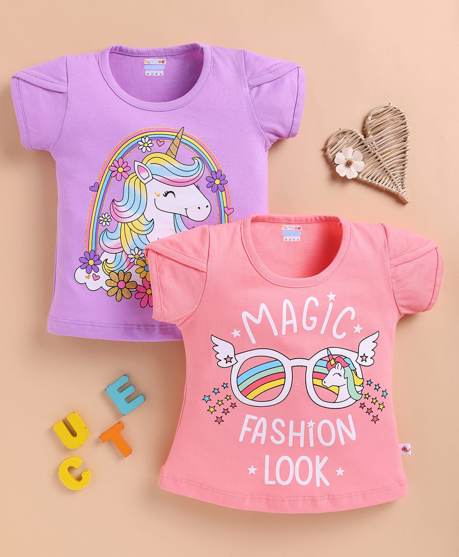 BUMZEE Cotton Knit Half Sleeves Unicorn Print T-Shirt Pack of 2 Peach 18-24 Months-image-4