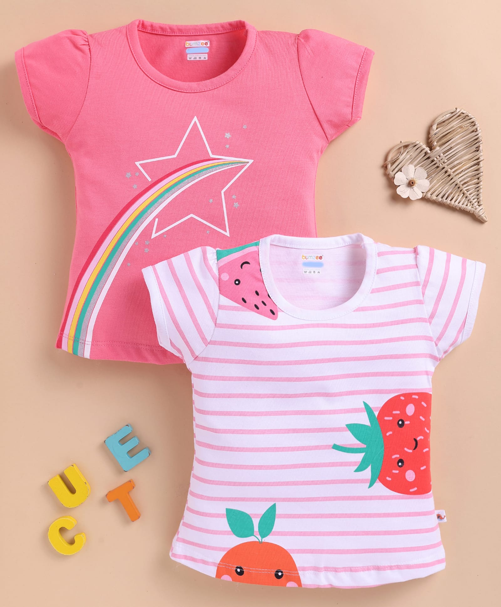 BUMZEE Cotton Knit Half Sleeves Striped & Print T-Shirt Pack of 2 White 6-12 Months-picture-15