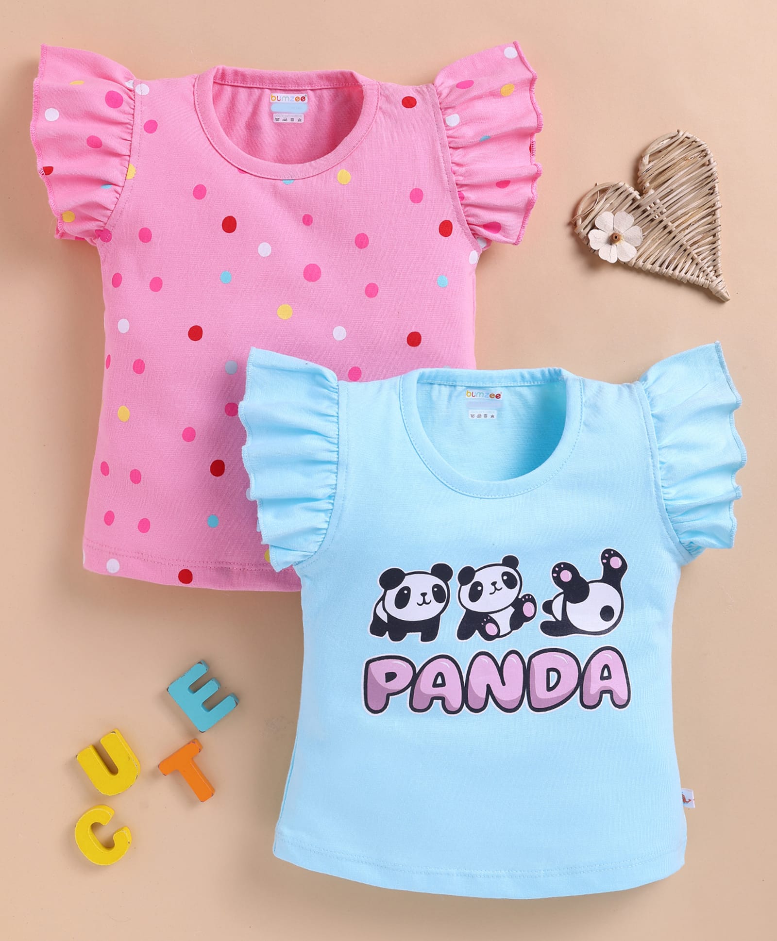 BUMZEE Cotton Knit T-Shirt Half Sleeves Ruffle Round Neck Panda & Polka Dots Print Pack of 2 Pink 6-12 Months-picture-17