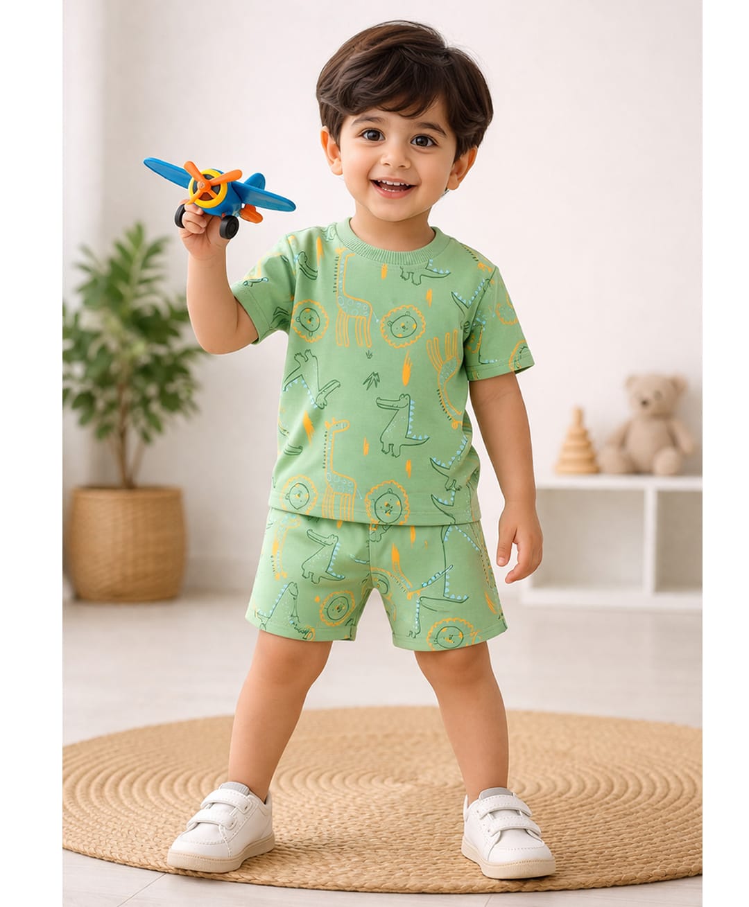 BUMZEE Cotton Knit Half Sleeves Dino Print Top & Shorts Set - Green-image-23