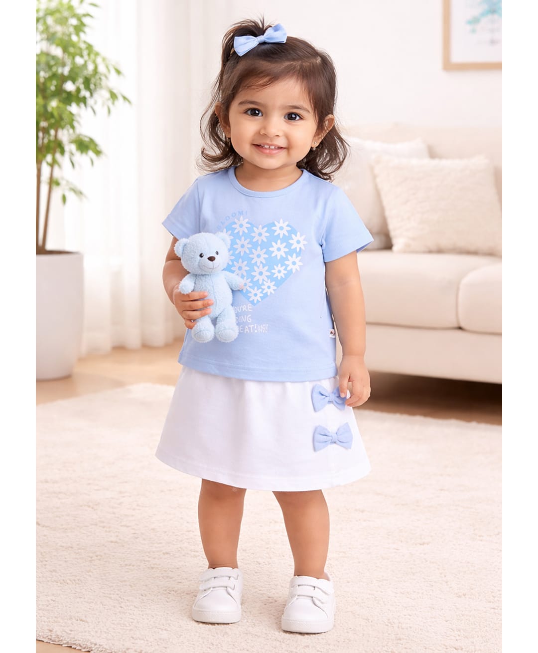 BUMZEE Cotton Knit Half Sleeves T-Shirt & Skirt Set With Heart & Floral Print - Light Blue & White-image-11