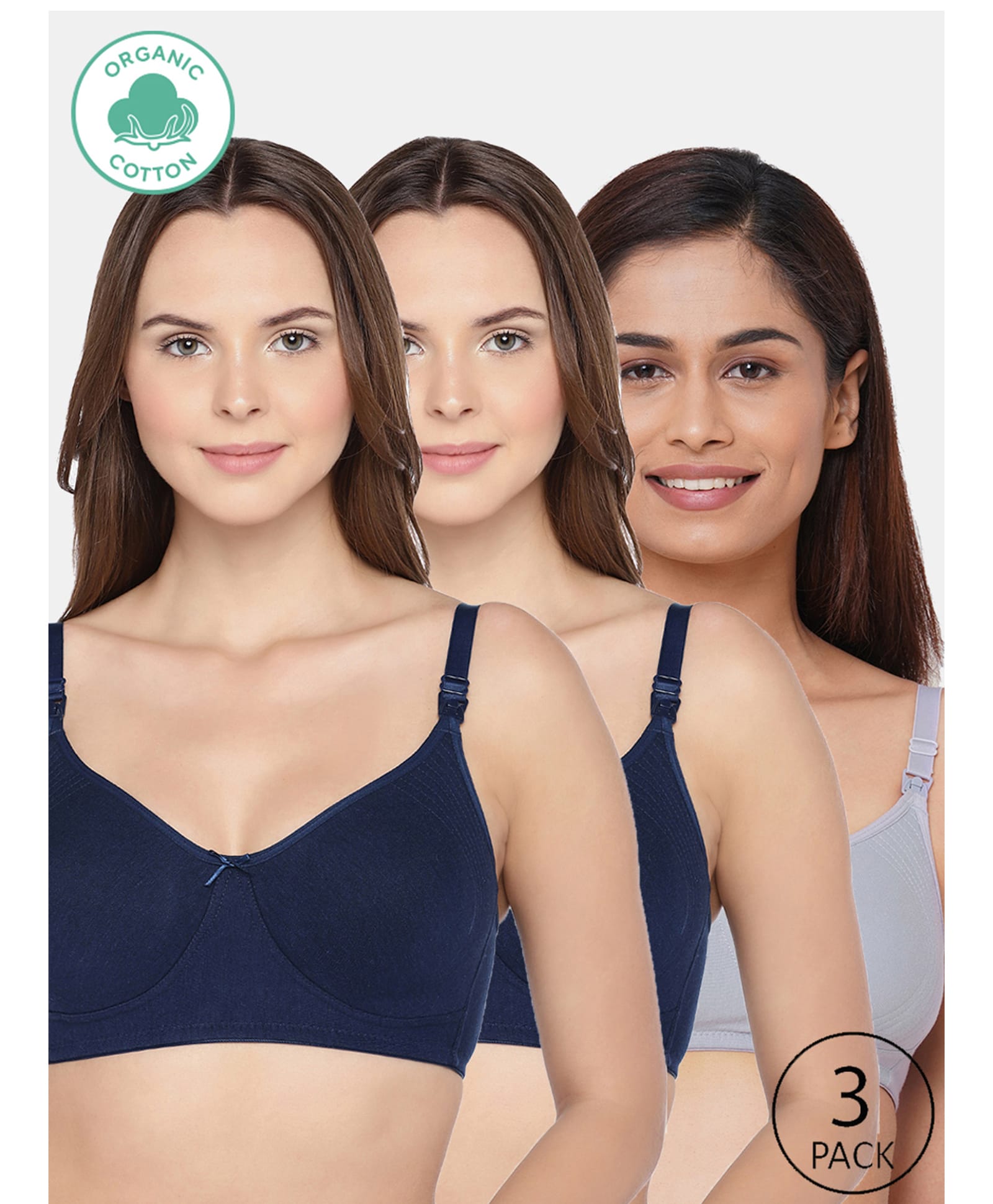 Inner Sense Organic Cotton Kint Pack Of 3 Solid Non Padded Maternity Bra With Front Open Nursing Access - Lavender & Navy Blue-picture-0