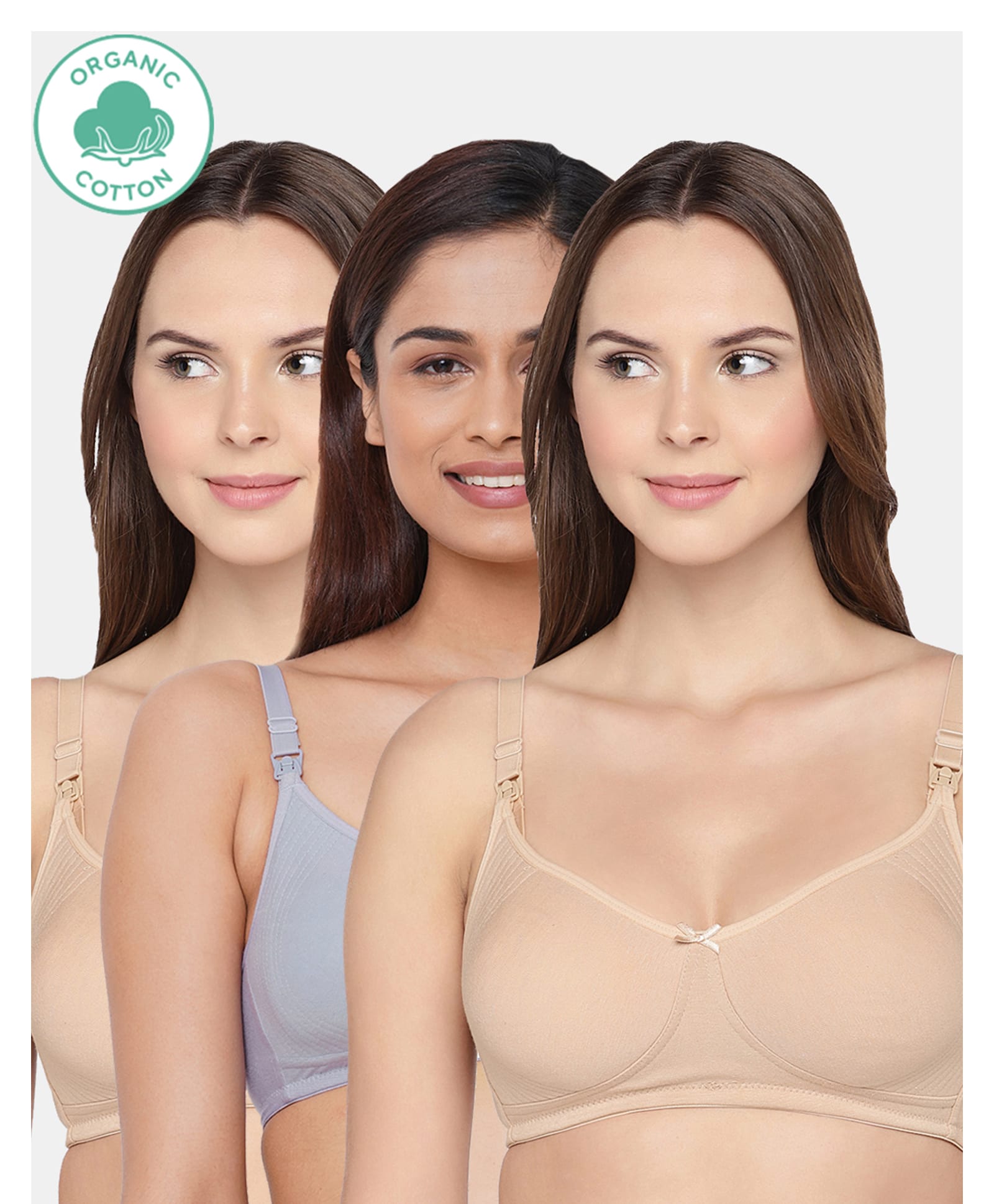 Inner Sense Organic Cotton Kint Pack Of 3 Solid Non Padded Maternity Bra With Front Open Nursing Access - Beige & Lavender-picture-3