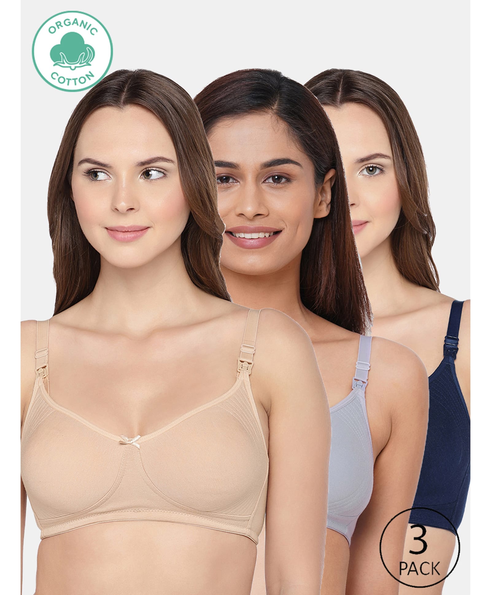 Inner Sense Organic Cotton Kint Pack Of 3 Solid Non Padded Maternity Bra With Front Open Nursing Access - Beige Lavender & Navy Blue-image-32