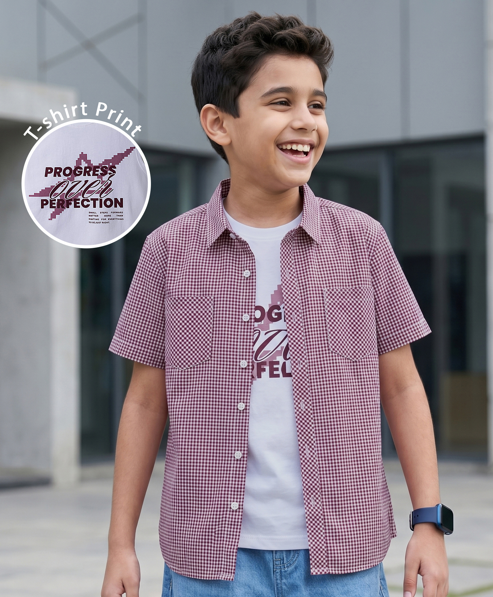 Pine Kids Cotton Woven Checks Shirt With Printed T-Shirt - Red-picture-20