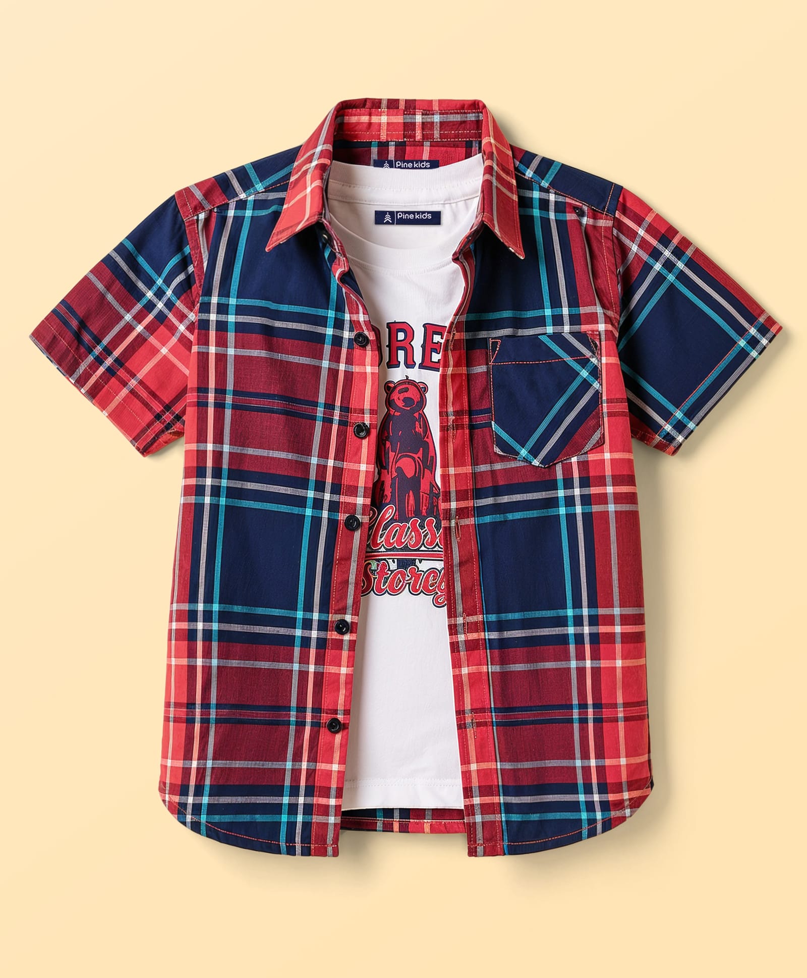 Pine Kids 100% Cotton Woven Half Sleeves Checked Shirt With Vehicles Printed Tank Inner Tee - Red-picture-21