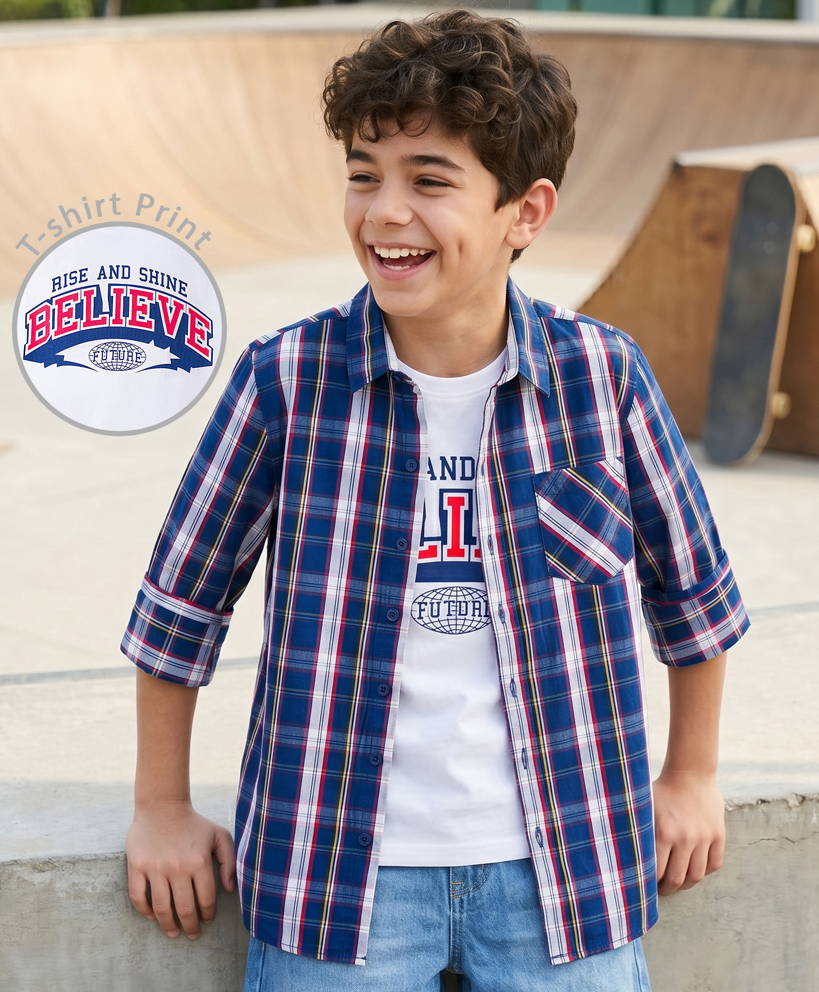 Pine Kids Cotton Woven Checks Shirt with T-Shirt Blue 5-6 Years-image-31