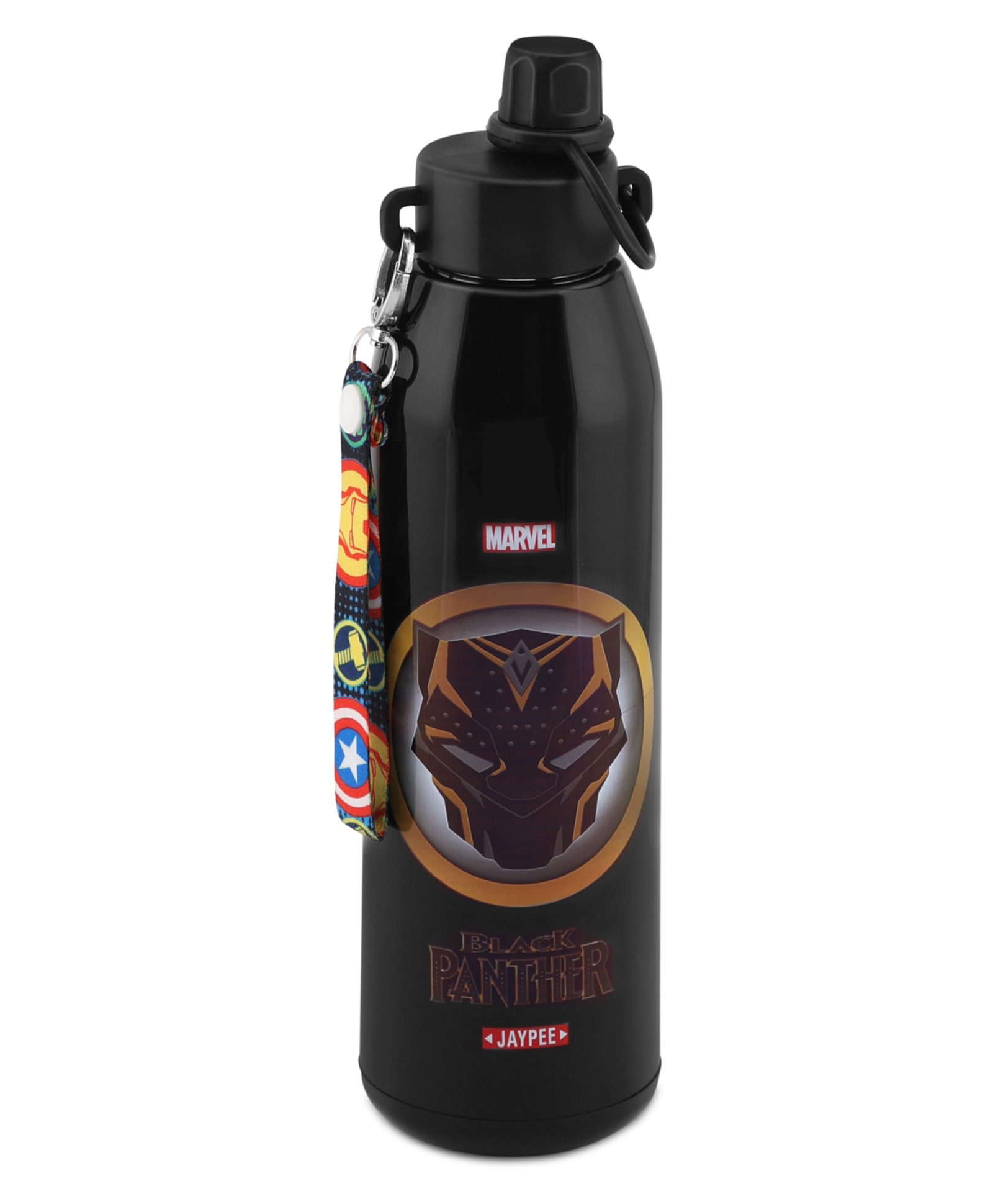 Jaypee PowerSip 650ml Insulated Inner Stainless Steel Spout & Sipper Mouth Water Bottle With Handy Strap, Black Panther Print, Black-image-40