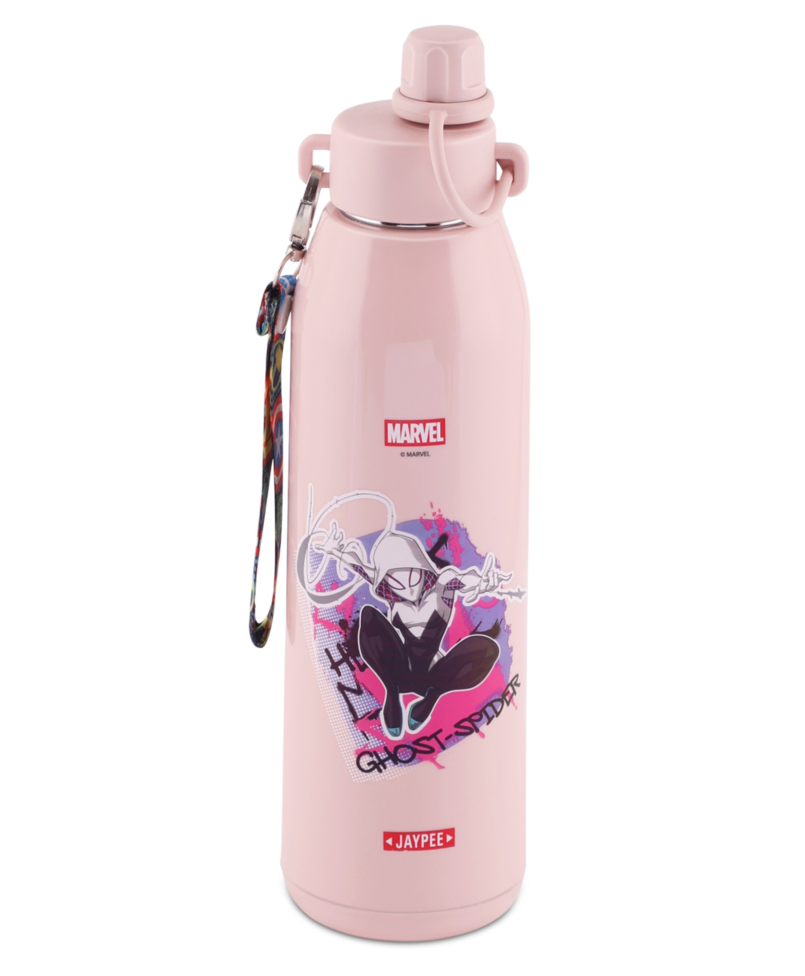 Jaypee PowerSip 650ml Insulated Inner Stainless Steel Spout & Sipper Mouth Water Bottle With Handy Strap, Ghost Spider, Pink-image-6