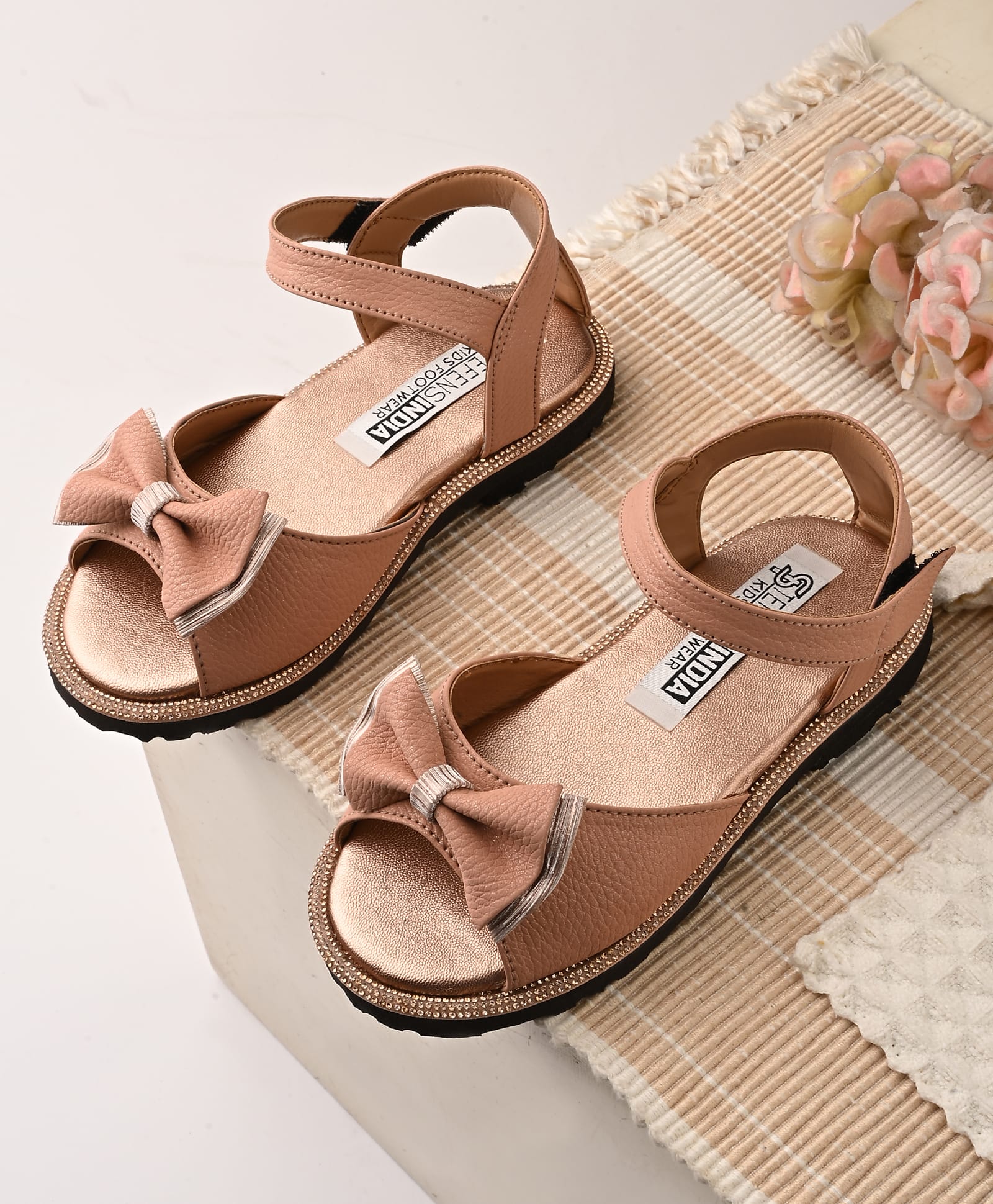 Stefens Bow Applique Detailed Stones Embellished Velcro Closure Sandals - Pink-picture-49