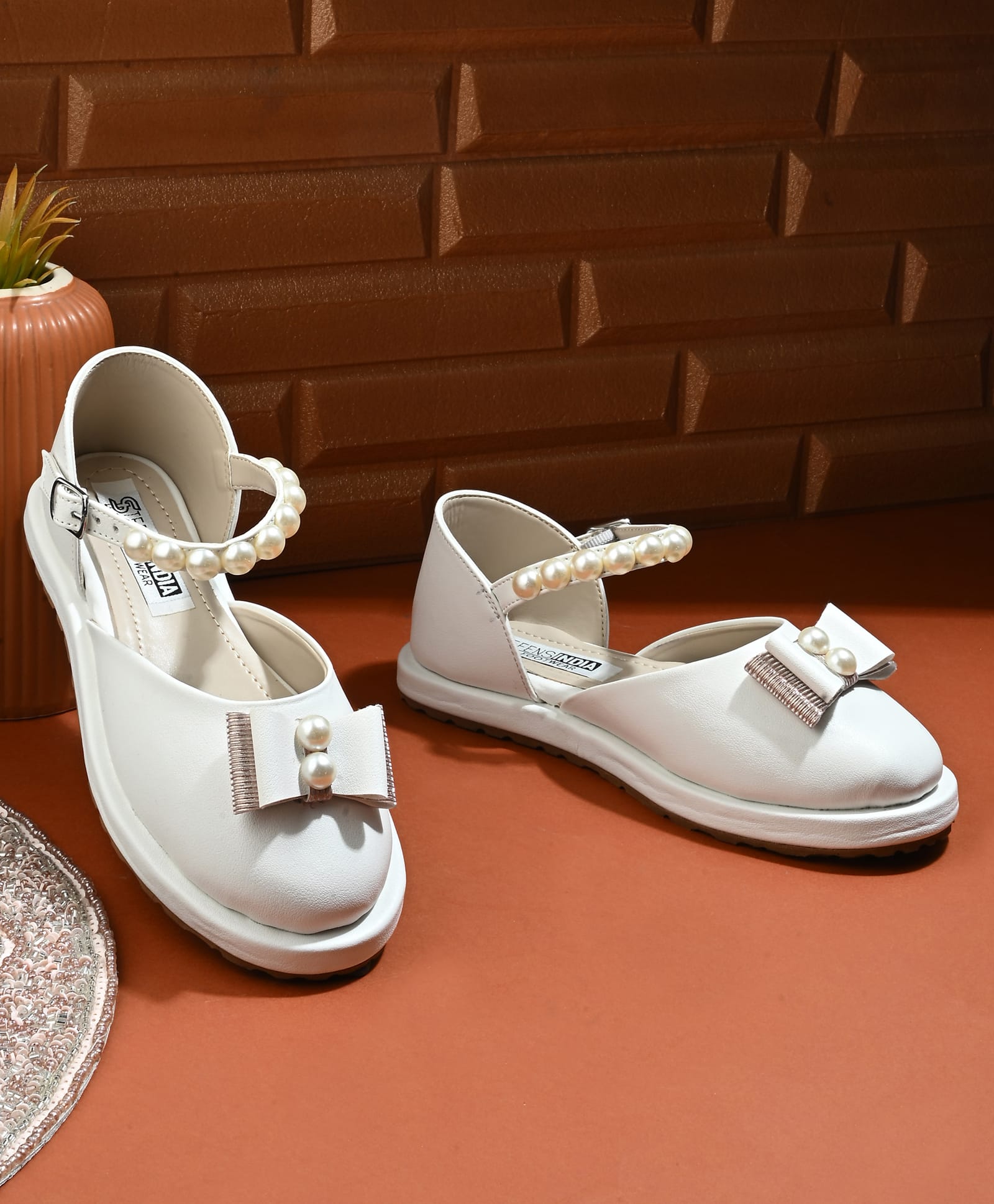 Stefens Pearl Embellished Bow Applique Detailed Buckle Closure Sandals - White-image-47