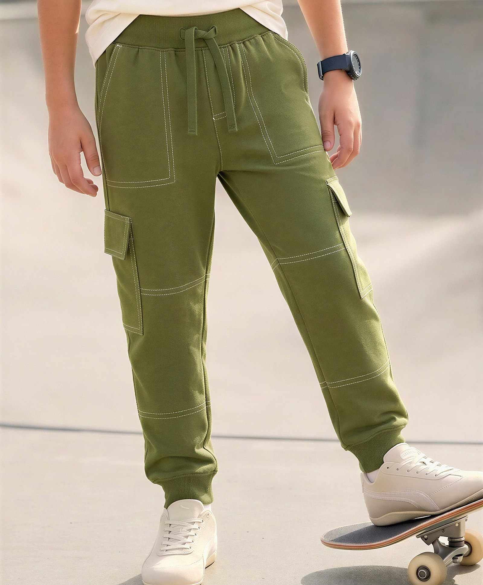 Pine Kids Knit Full Length Solid Colour Cut & Sew Lounge Pant - Olive Green-picture-11