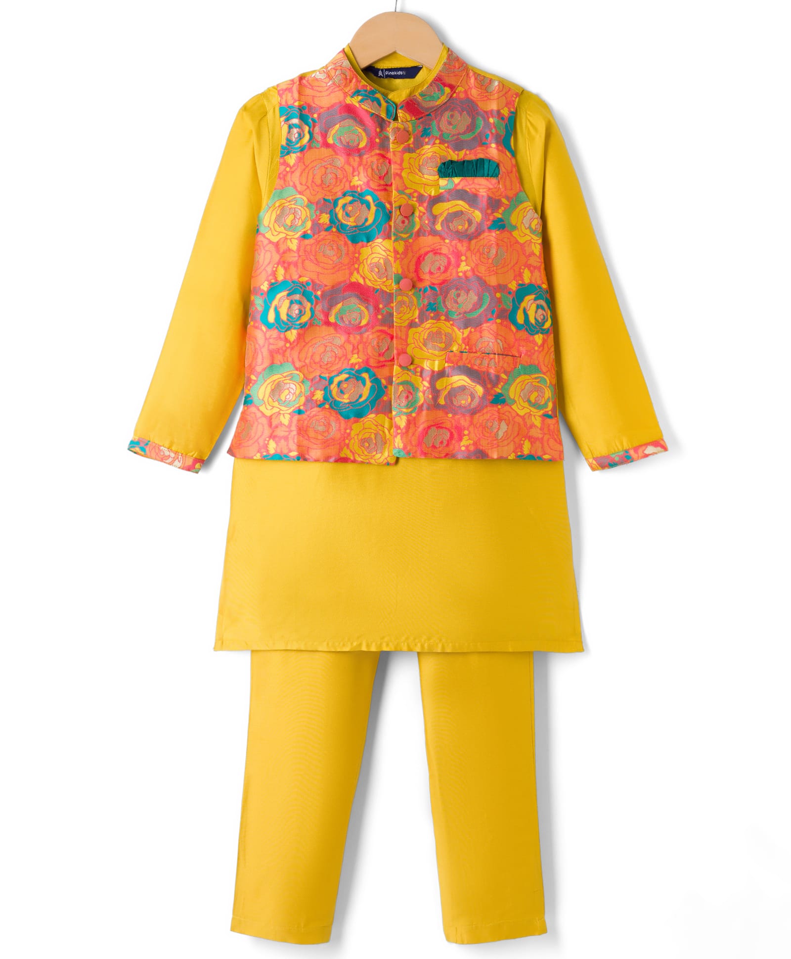 Pine Kids Woven Full Sleeves Floral Printed Kurta & Pyjama Set With Jacket - Yellow-image-43