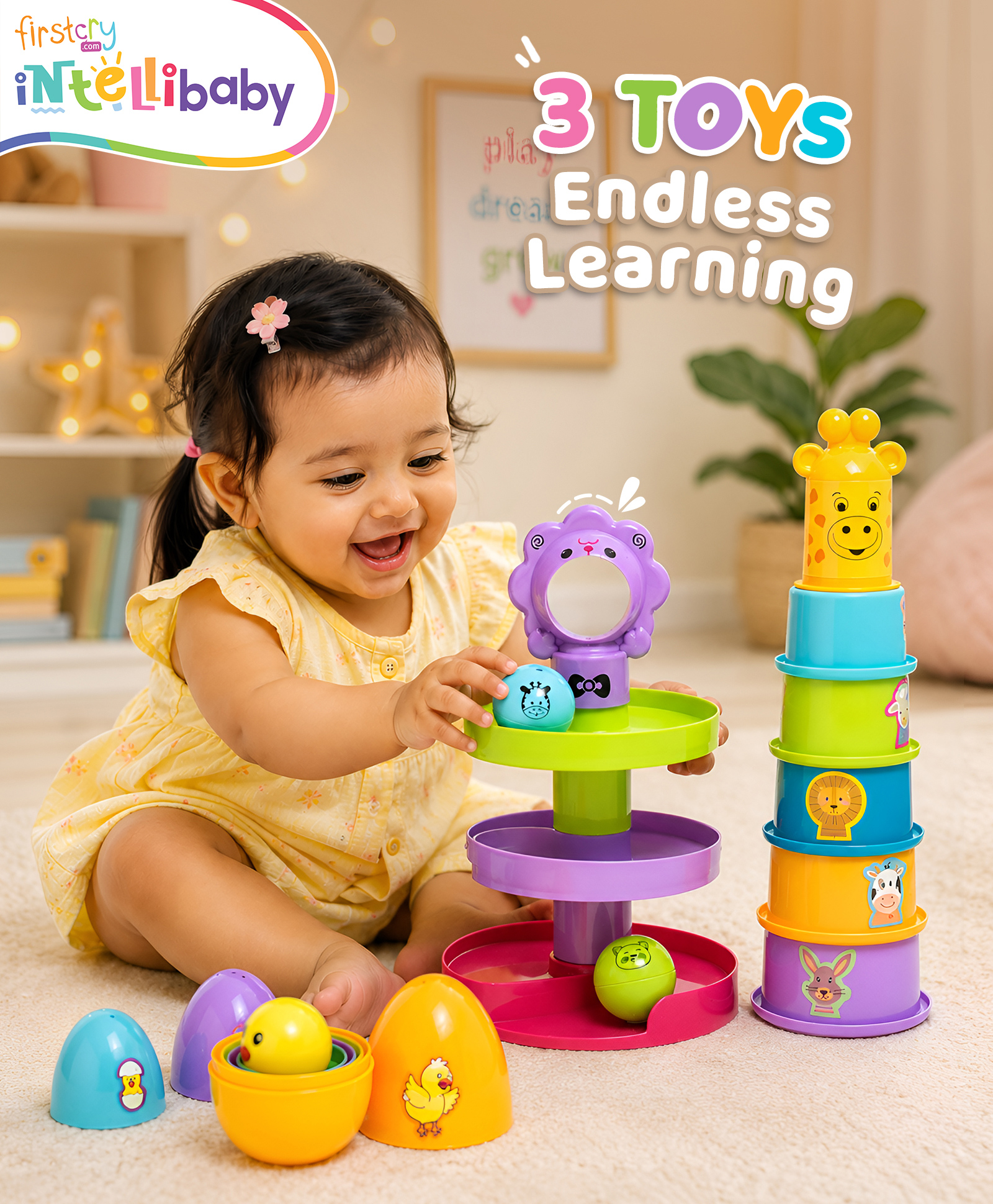 Intellibaby Stack N' Play Set of 3 | 3-in-1 Stacking Cups, Nesting Eggs & Spiral Ball Drop Tower | Early Learning Educational Toy | Ideal for Gifting-image-4