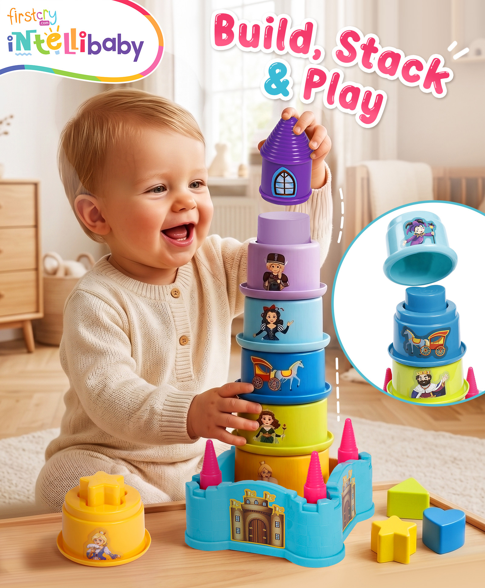 Intellibaby 4-in-1 Creative Castle | Stack, Nest, Build & Sort Playset | Early Learning Educational Toy | Ideal for Gifting-image-5