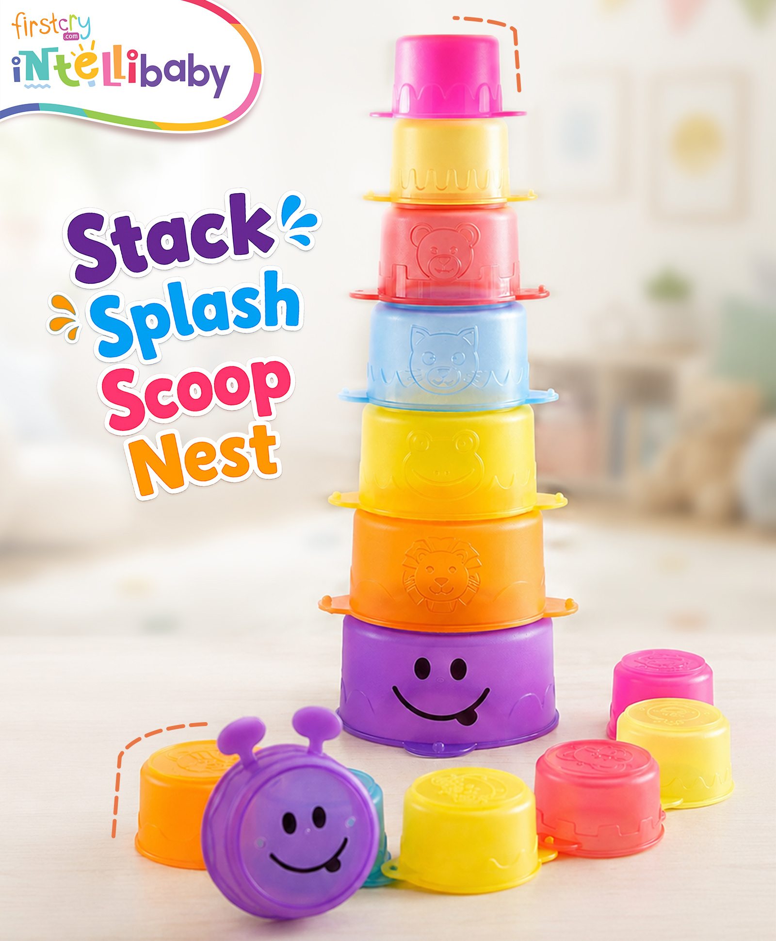 Intellibaby Stack N' Splash Caterpillar Cups Colourful Stacking & Nesting Cups for Babies Fun Water & Playtime Activity Toy Develops Motor Skills & Hand-Eye Coordination Encourages Sensory Exploration-picture-17