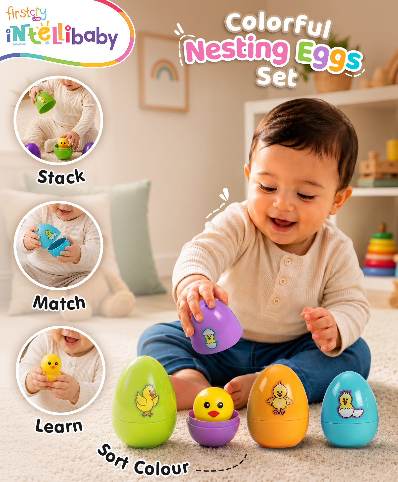 Intellibaby Curious Chick Nesting Eggs Nesting, Stacking & Matching Toy Number & Alphabet Learning Fine Motor Skills & Cognitive Development Early Educational Toy for Boys & Girls Ideal for Gifting-image-3