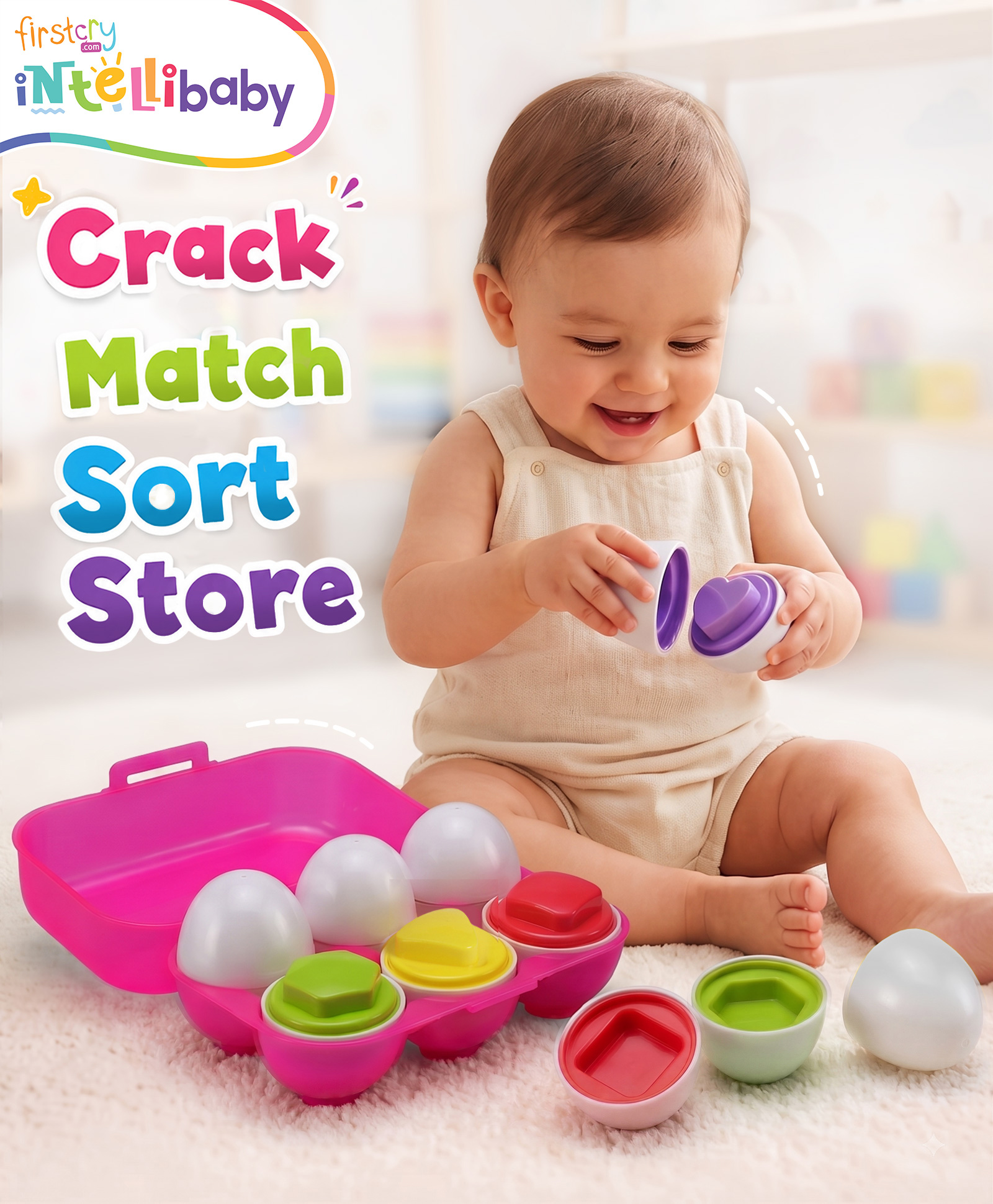 Intellibaby Match N' Learn Eggs - Pack of 6 Colour & Shape Matching Toy with Storage Tray Early Learning Fine Motor Skills Problem-Solving Skills Shape Recognition BIS Certified Ideal for Gifting-image-17