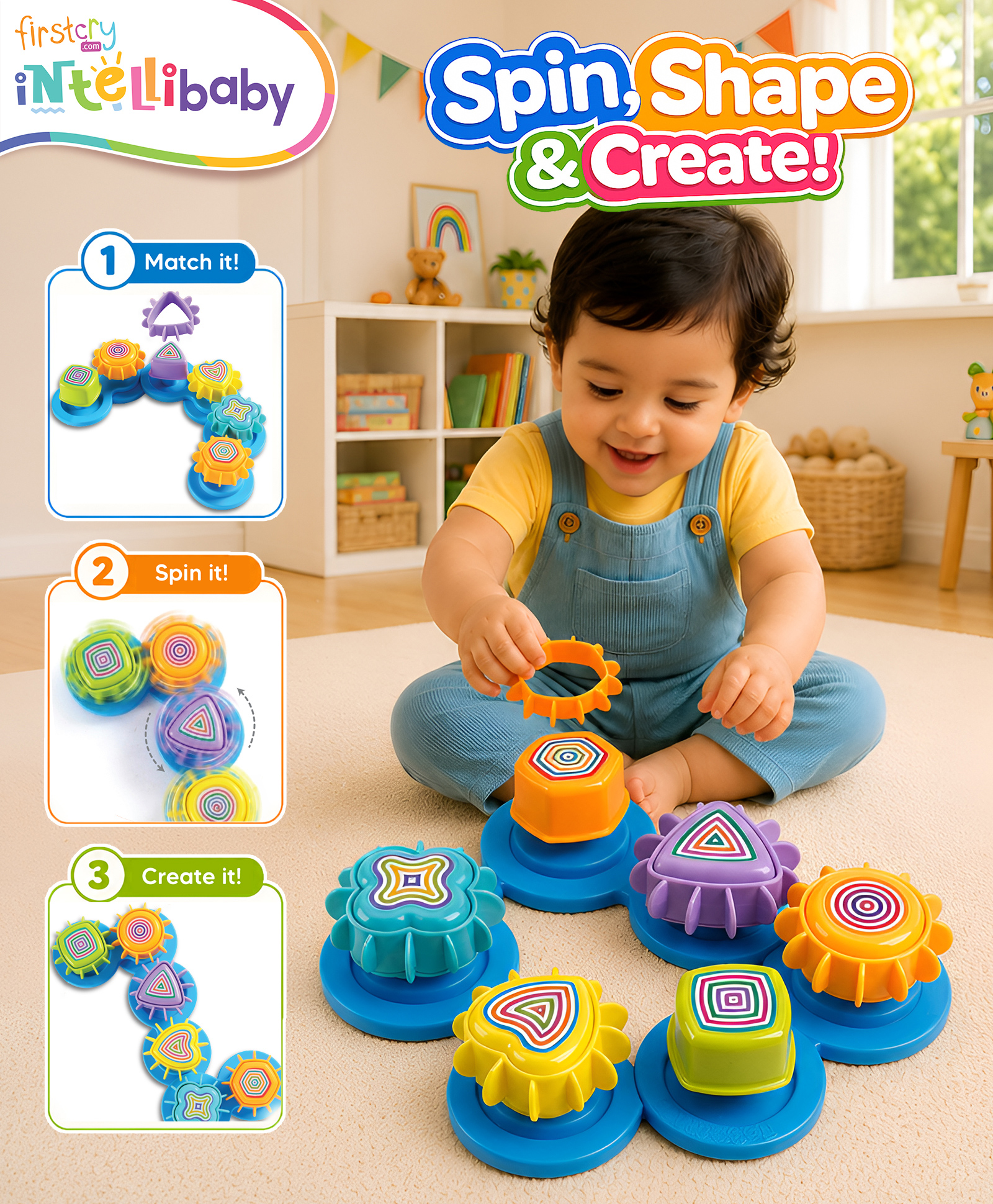 Intellibaby Spin N' Shape - Pack of 6 | Interactive Spinning Gear Shape Sorter | Cause & Effect Learning Toy | Early Educational Toy for Boys & Girls | Ideal for Gifting-image-28