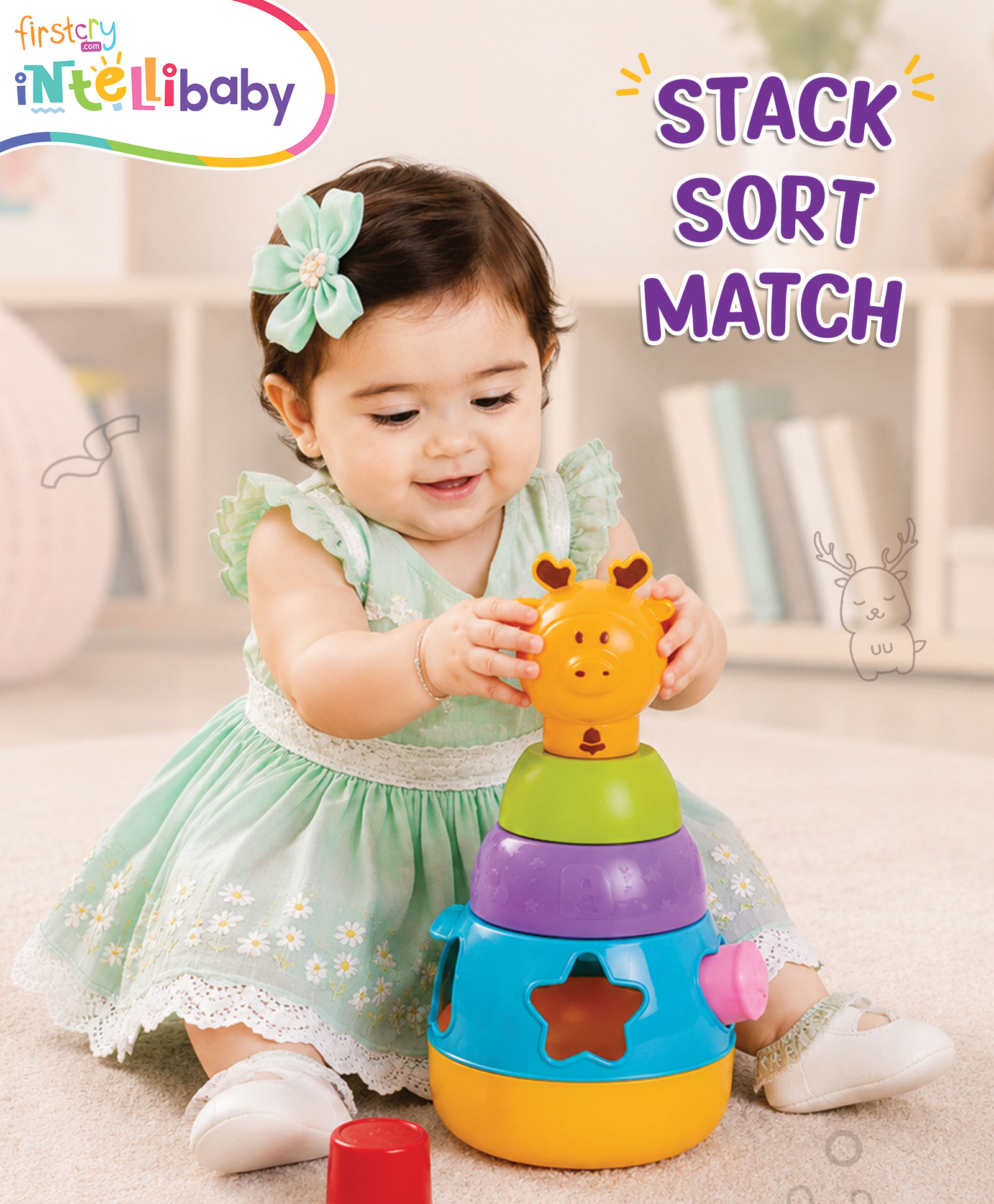 Intellibaby 3-in-1 Stack N' Sort Deer Toy | Stacking & Shape Sorting Activity Toy | Develops Fine Motor & Problem-Solving Skills | Ideal for Gifting-image-9