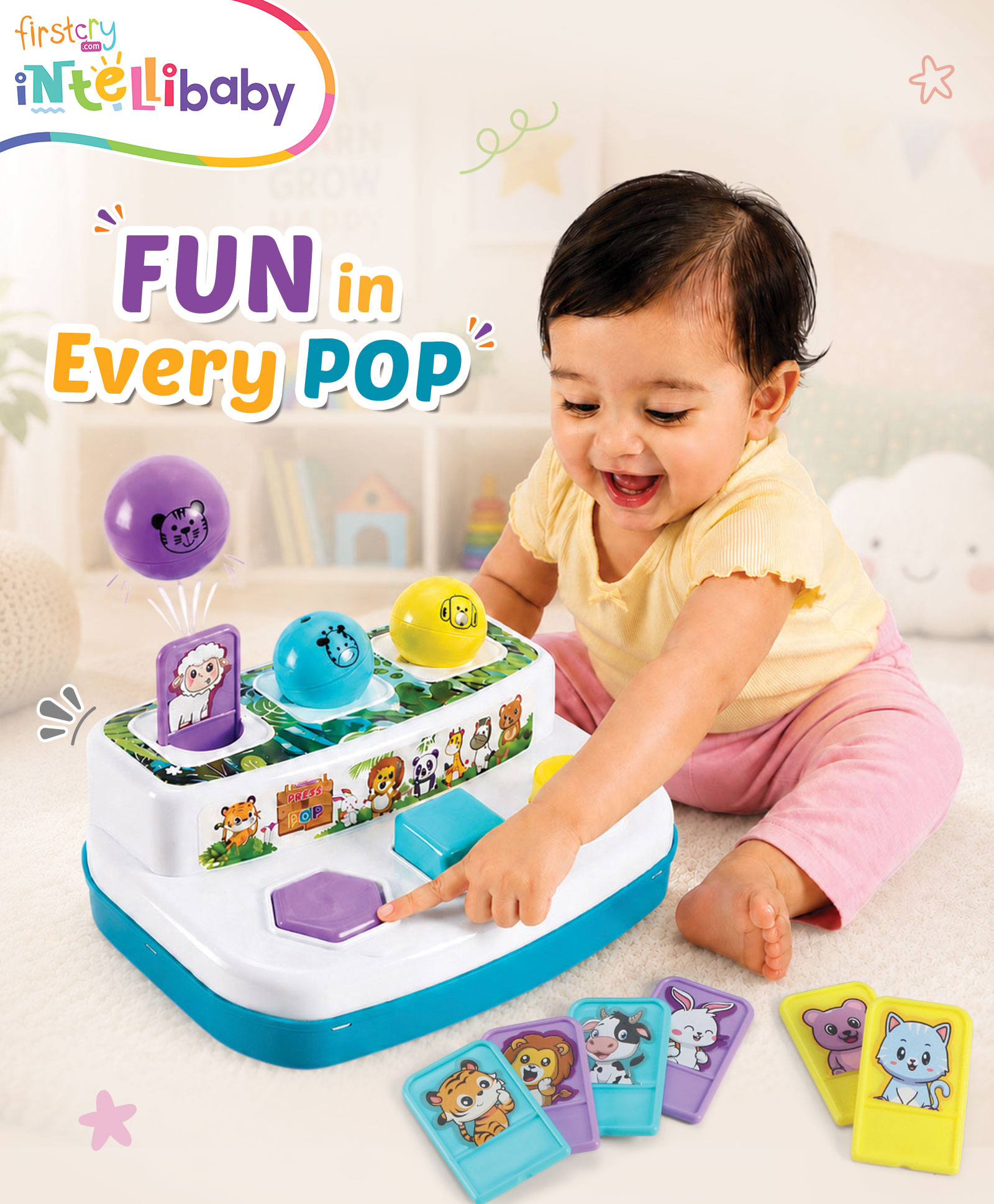 Intellibaby Press N' Pop Animals Play Set Press & Pop Activity Toy with Shape Sorting & Animal Learning Cause & Effect Learning Fine Motor Skills Animal Recognition Early Learning Toy BIS Certified-image-2