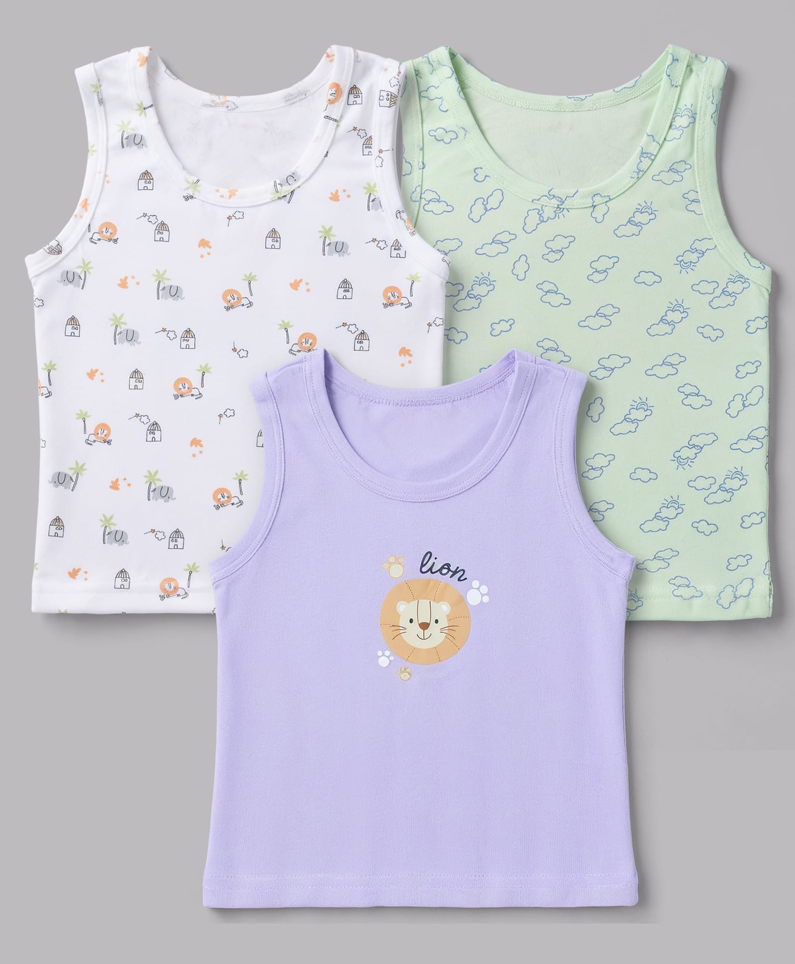 Babyhug 100% Cotton Single Jersey Knit Sleeveless Sando With Lion Print Pack of 3 - White Lavender & Light Green-image-4