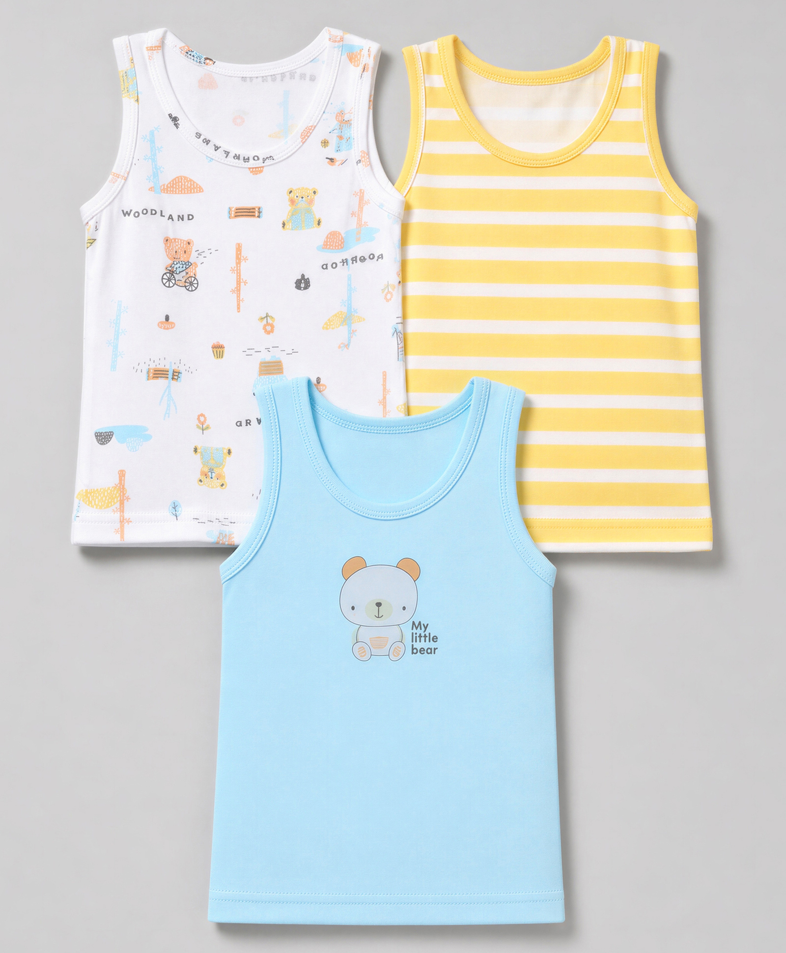 Babyhug 100% Cotton Single Jersey Knit Sleeveless Striped Sando With Teddy Print Pack of 3 - Yellow, White & Sky Blue-picture-26
