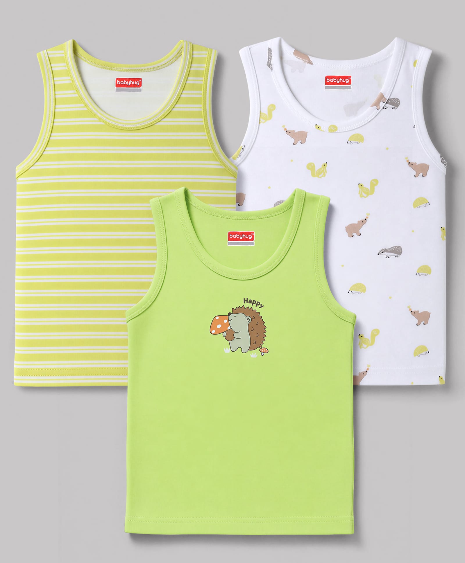 Babyhug 100% Cotton Knit Sleeveless Striped & Animal Printed Vests Pack Of 3 - Lime Green & White-image-44