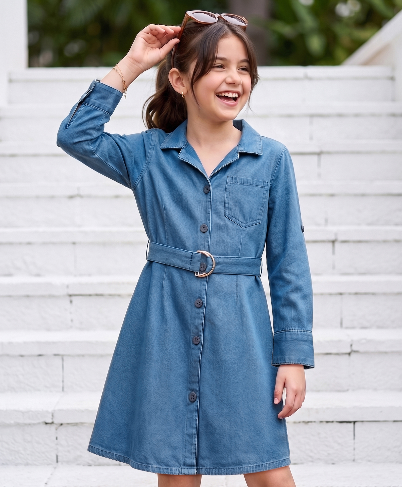 Pine Kids 100% Cotton Woven Full Sleeves Shirt Dress With Belt - Blue-picture-21