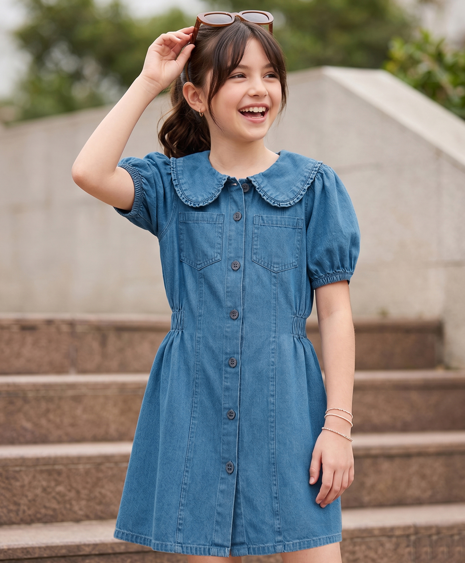 Pine Kids 100% Cotton WOven Half Puffed Sleeves Solid Shirt Dress - Blue-picture-41