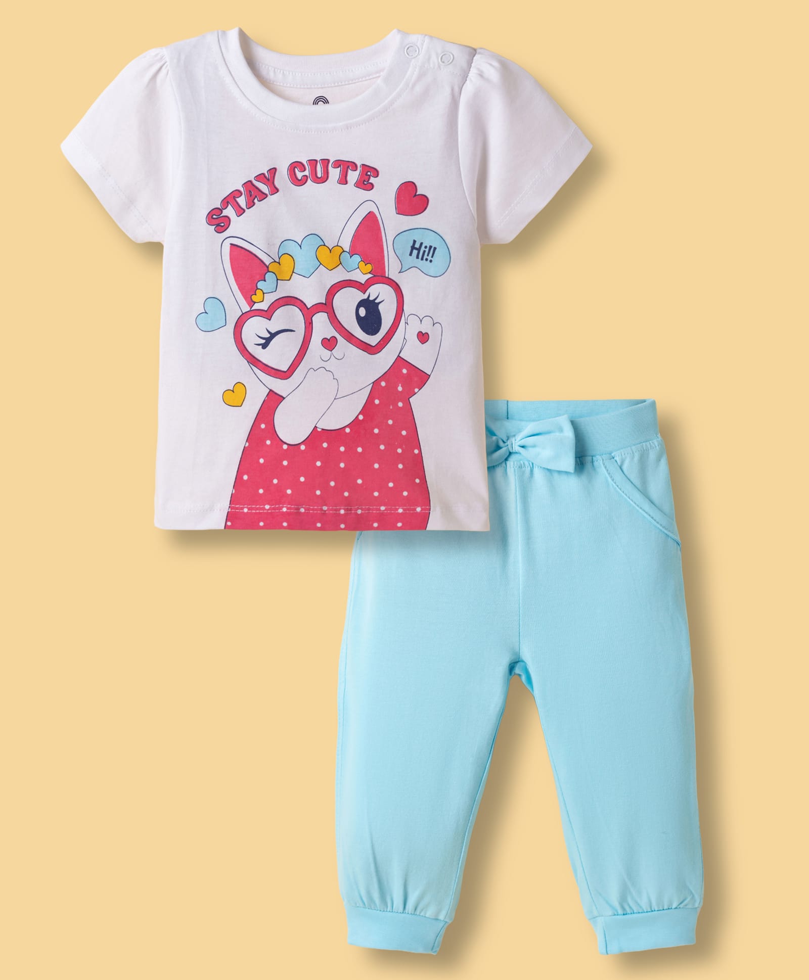Doodle Poodle 100% Cotton Knit Half Sleeves Kitty Printed T-Shirt & Trouser Set With Bow Applique - White & Turquoise-picture-27