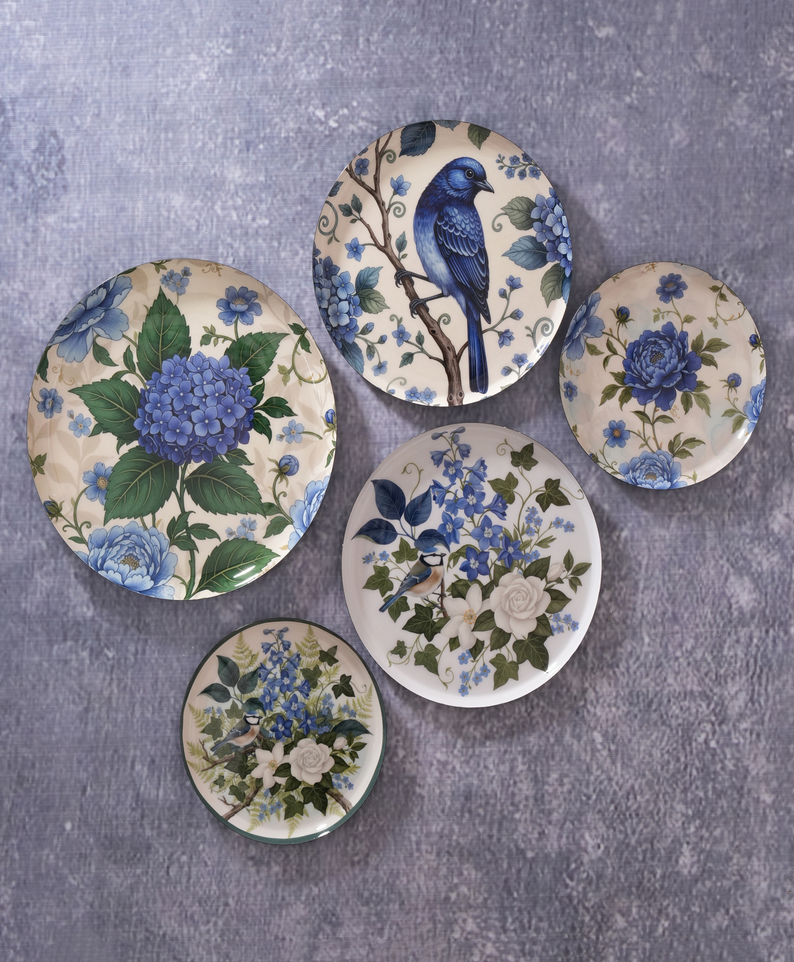 YUNHI Floral & Bird Decorative Wall Plates Set of 5 | Blue Botanical Vintage Round Hanging Plates | Elegant Flower & Bird Wall Art for Living Room, Bedroom & Home Decor Accent-image-2