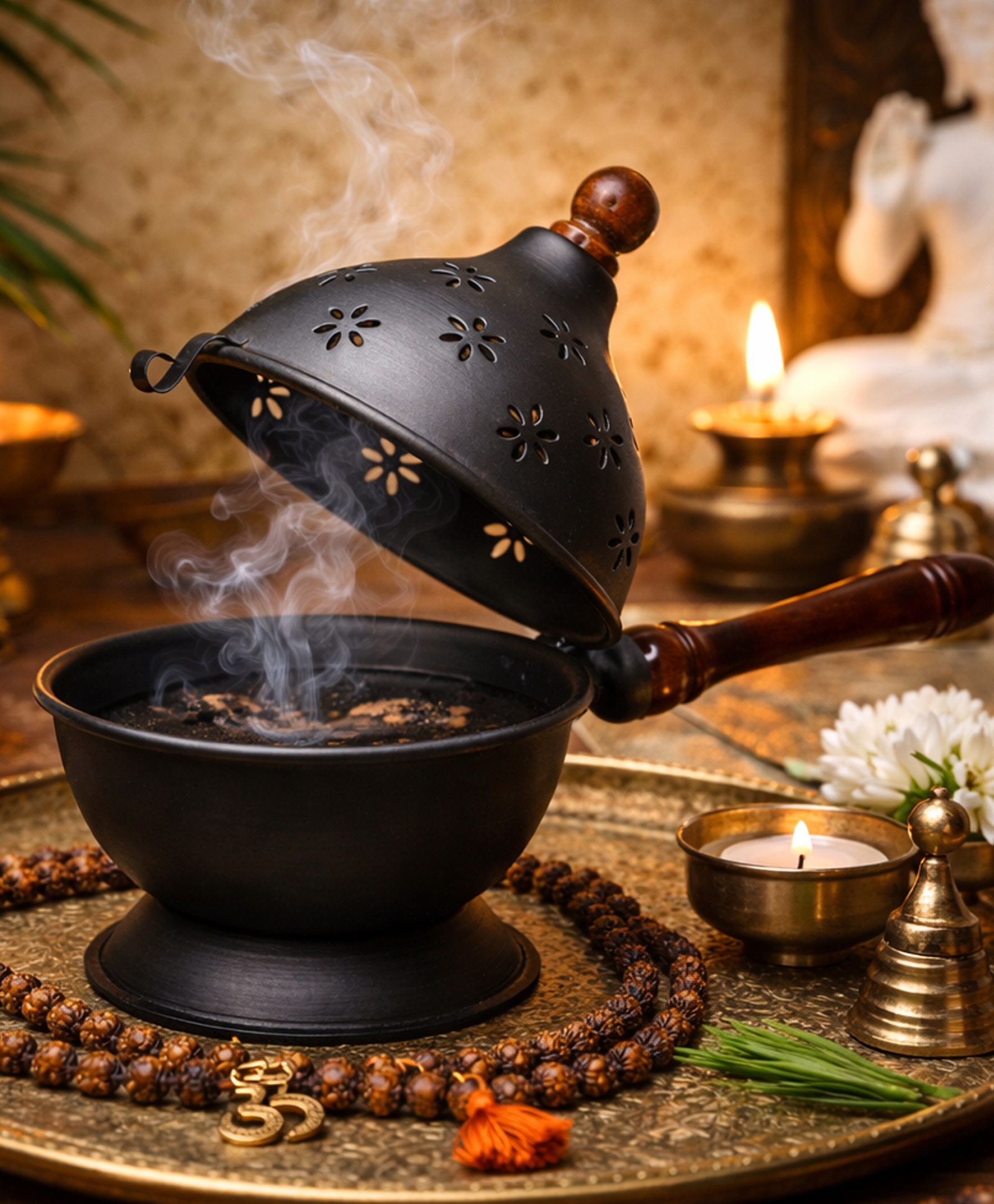 YUNHI Metal Dhoop Dani with Wooden Handle & Lid | Powder Coated Rust Free Loban Burner | Incense Holder for Home Temple, Pooja, Meditation & Spiritual Ritual-image-15