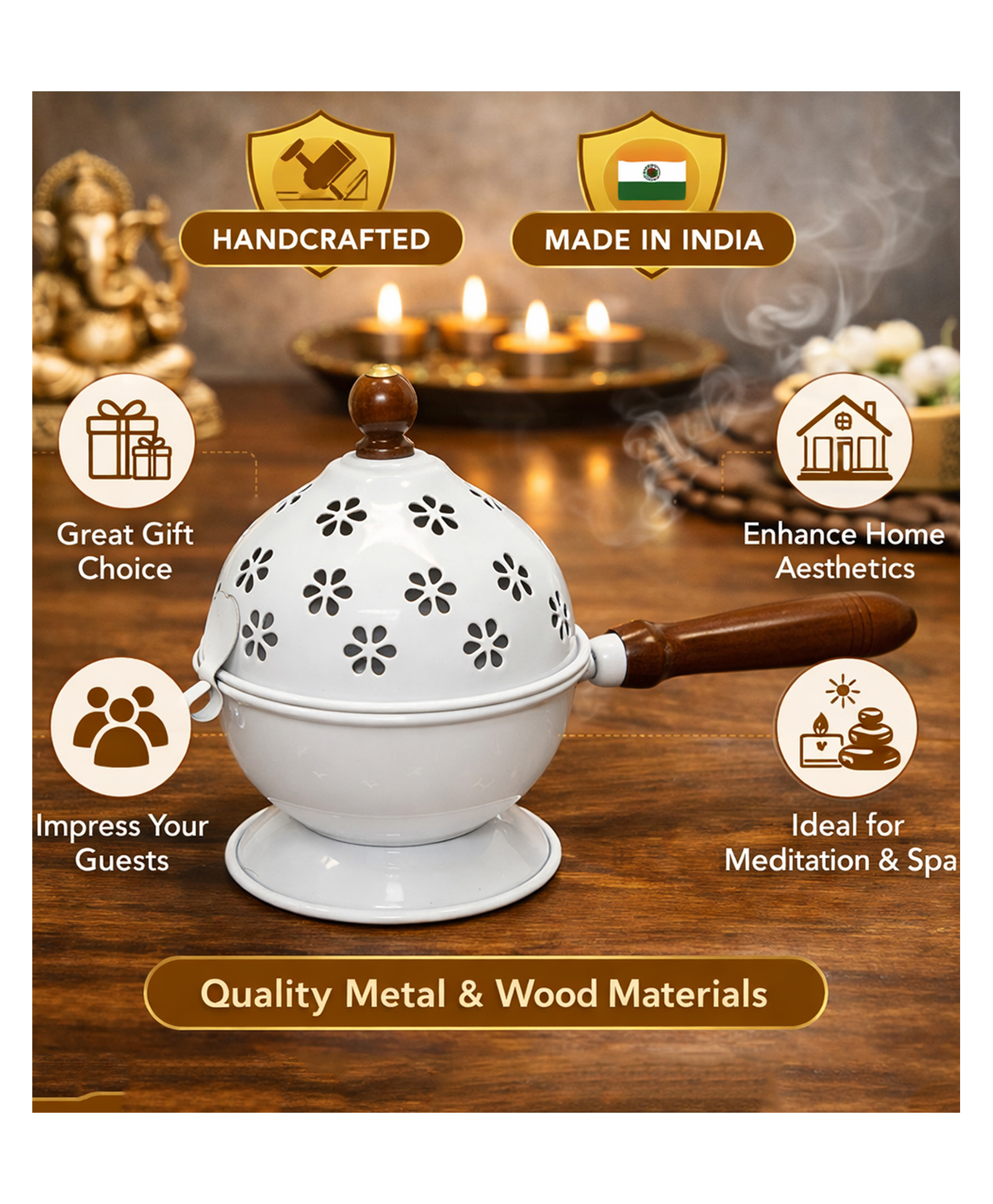 YUNHI Metal Dhoop Dani with Wooden Handle & Lid | Powder Coated Rust Free Loban Burner | Incense Holder for Home Temple, Pooja, Meditation & Spiritual Ritual-image-23