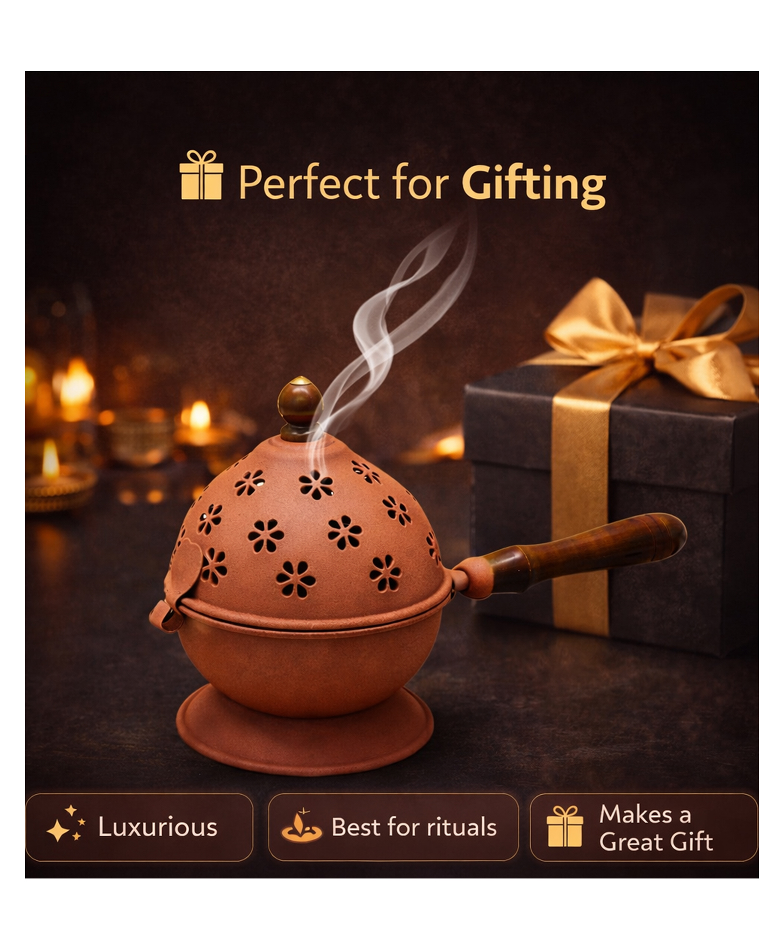 YUNHI Metal Dhoop Dani with Wooden Handle & Lid | Powder Coated Rust Free Loban Burner | Incense Holder for Home Temple, Pooja, Meditation & Spiritual Ritual-image-14