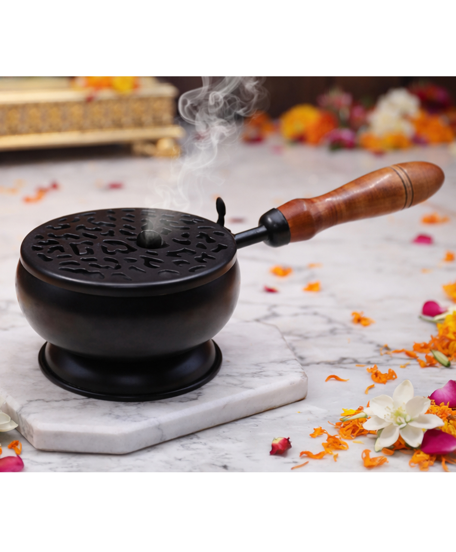 YUNHI Black Iron Dhoop Burner with Wooden Handle | Etched Lid for Smooth Smoke Flow | Metal Loban, Kapoor & Incense Holder for Pooja & Home-image-31