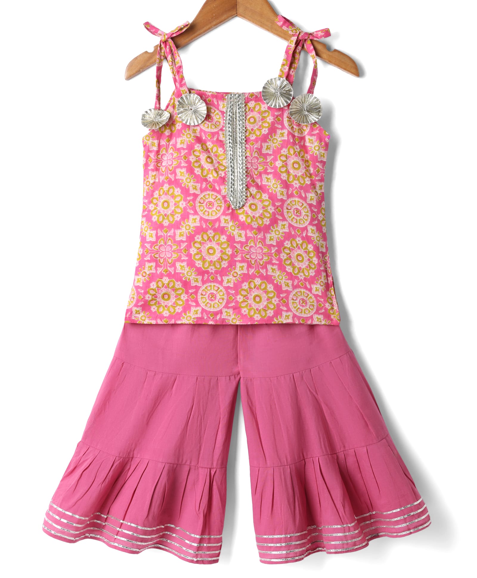 Teentaare Cotton Woven Sleeveless Floral Printed Kurta & Sharara Set - Pink-image-47