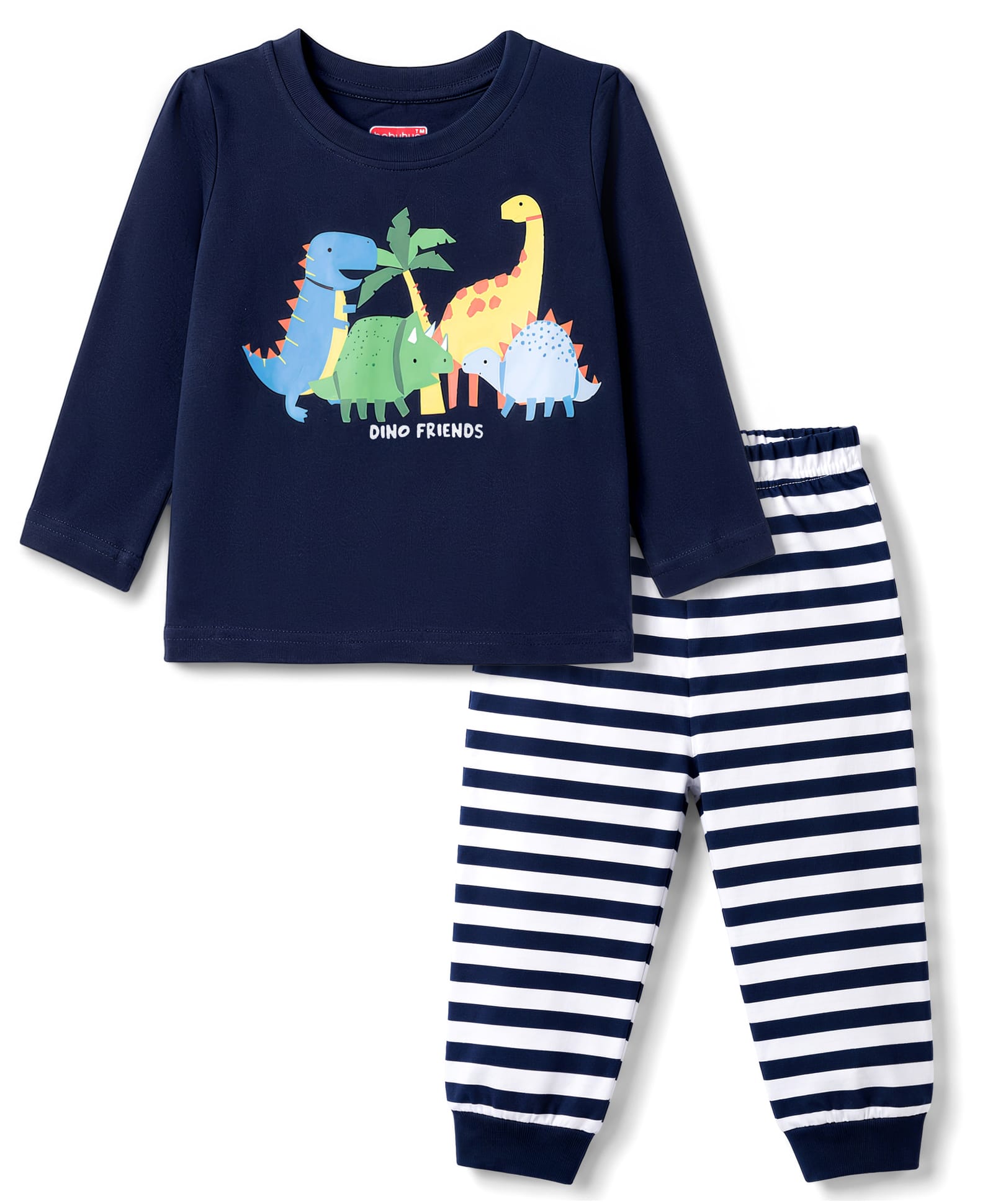 Babyhug Cotton Knit Full Sleeves Dino Printed & Striped Pyjama Night Suit - Navy Blue-image-49