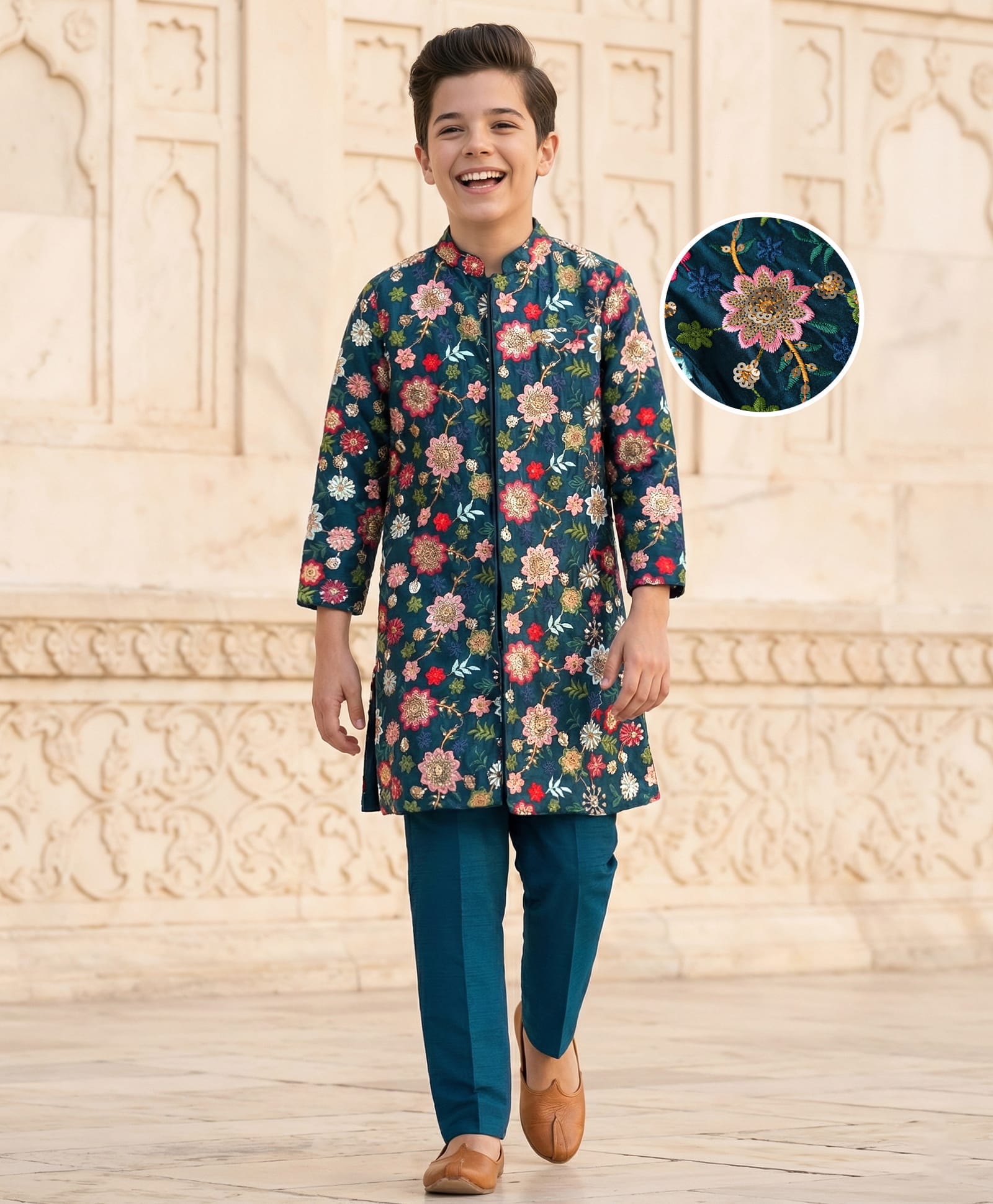 Pine Kids Woven Full Sleeves Floral Embroidered & Sequinned Kurta & Pyjama Set - Navy Blue-image-29