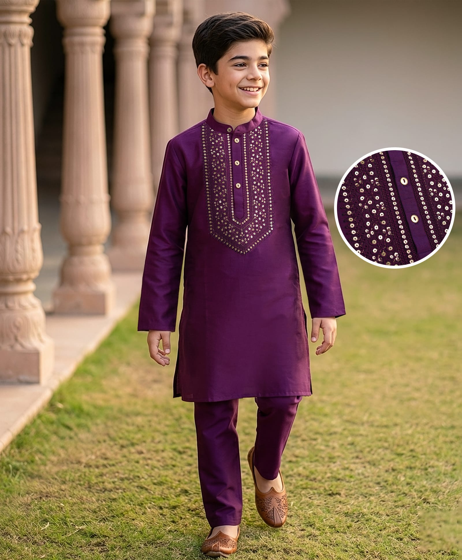 Pine Kids Woven Full Sleeves Floral Embroidered Kurta & Pyjama Set - Purple-image-43