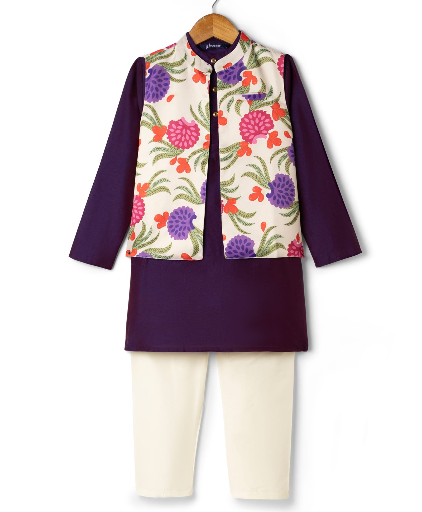 Pine Kids Woven Full Sleeves Floral Printed Kurta Pyjama Set With Jacket - Purple-image-8