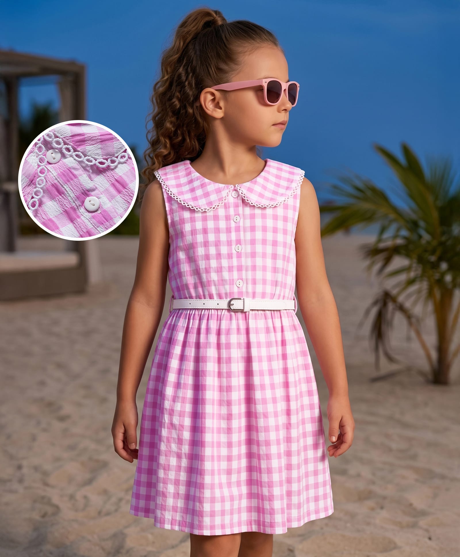 Hola Bonita Woven Sleeveless Checked Peter Pan Collar Dress With Belt & Lace Detailing - Pink-image-26