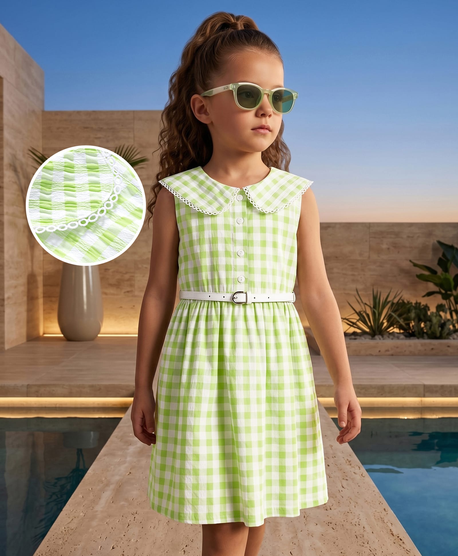 Hola Bonita Woven Sleeveless Checked Peter Pan Collar Dress With Belt & Lace Detailing - Light Green-image-7
