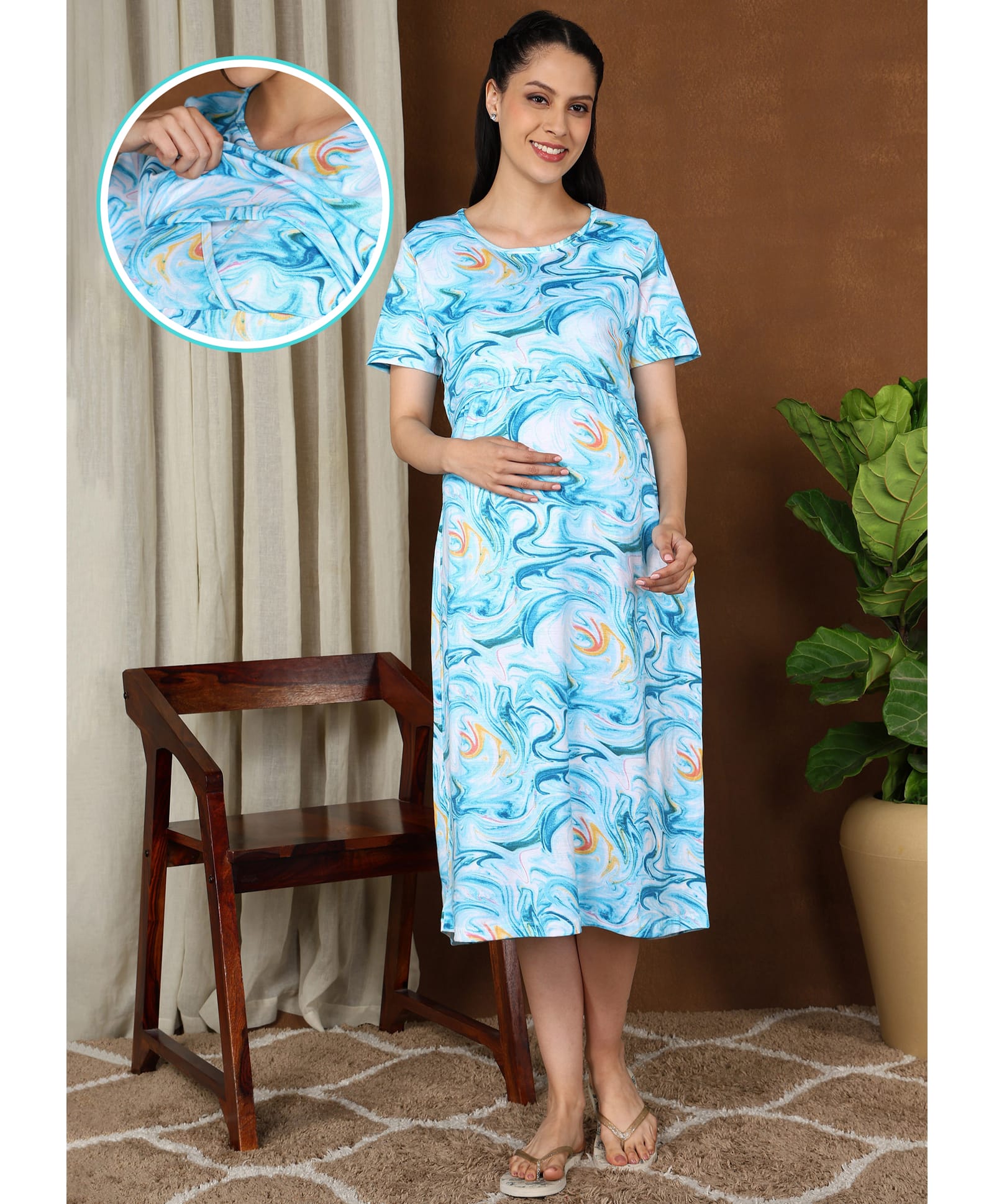 Moms Ever Knitted Knit Half Sleeves Abstract Printed Nighty With Overlap Nursing Access - Aqua Blue-image-24