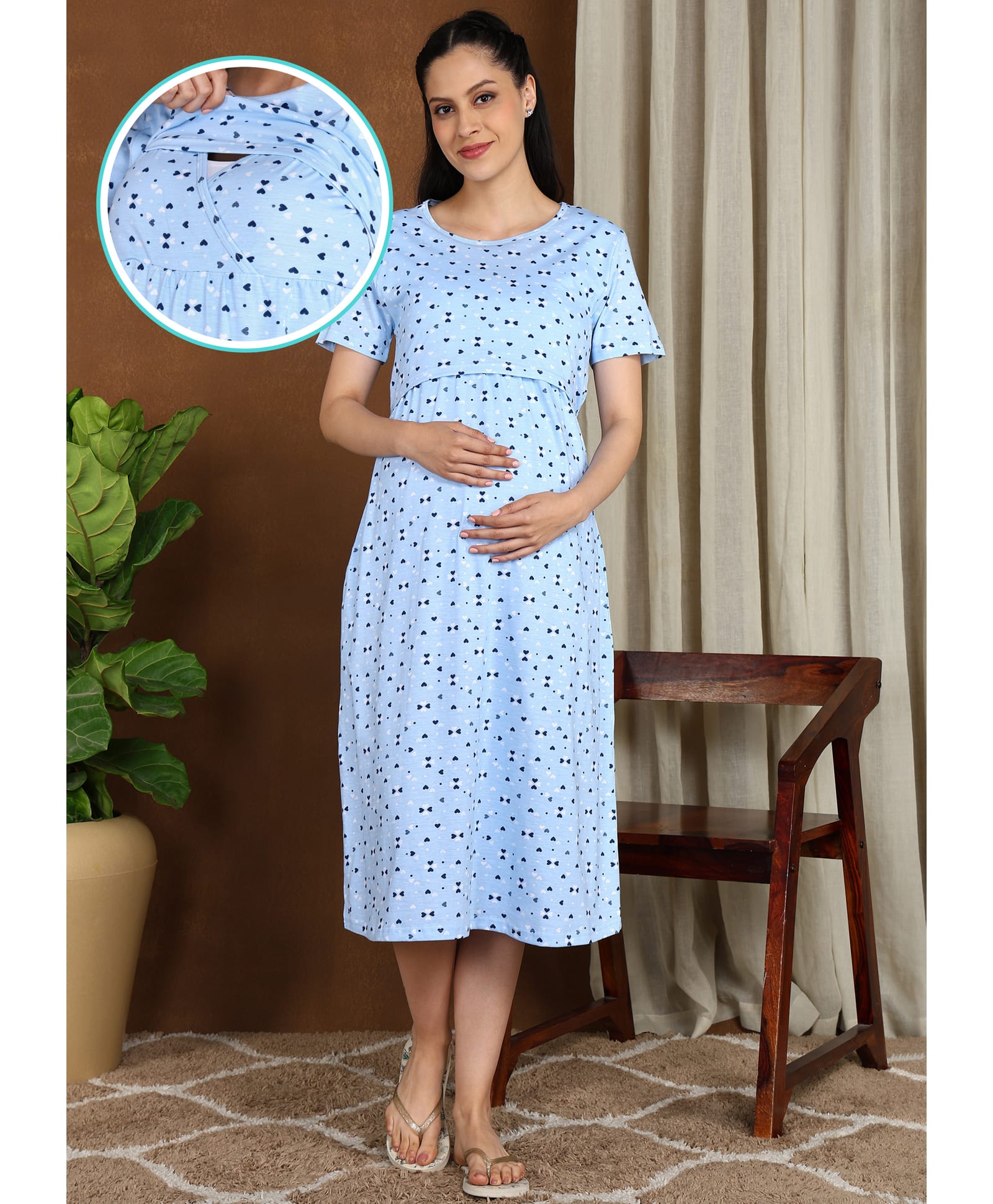 Moms Ever Knitted Knit Half Sleeves Hearts Printed Nighty With Overlap Nursing Access - Blue-image-26