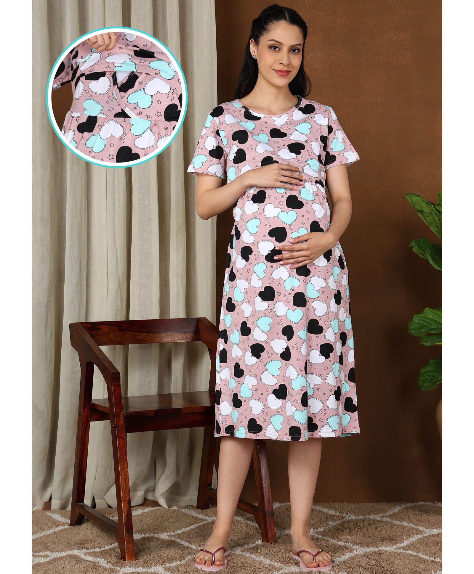 Moms Ever Knitted Knit Half Sleeves Hearts Printed Nighty With Overlap Nursing Access - Pink-image-2