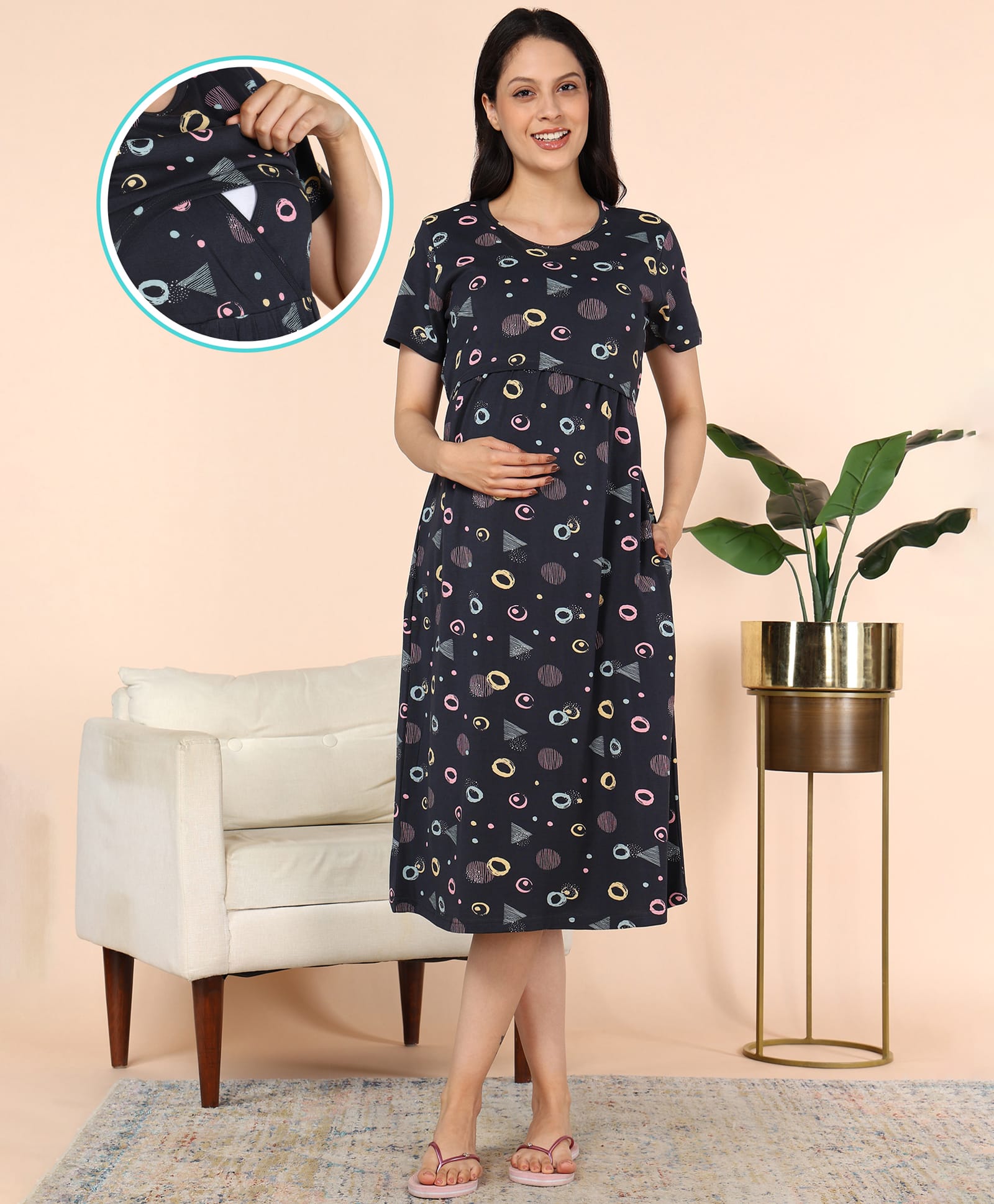 Moms Ever Knitted Knit Half Sleeves Abstract Printed Nighty With Overlap Nursing Access - Dark Blue-picture-49