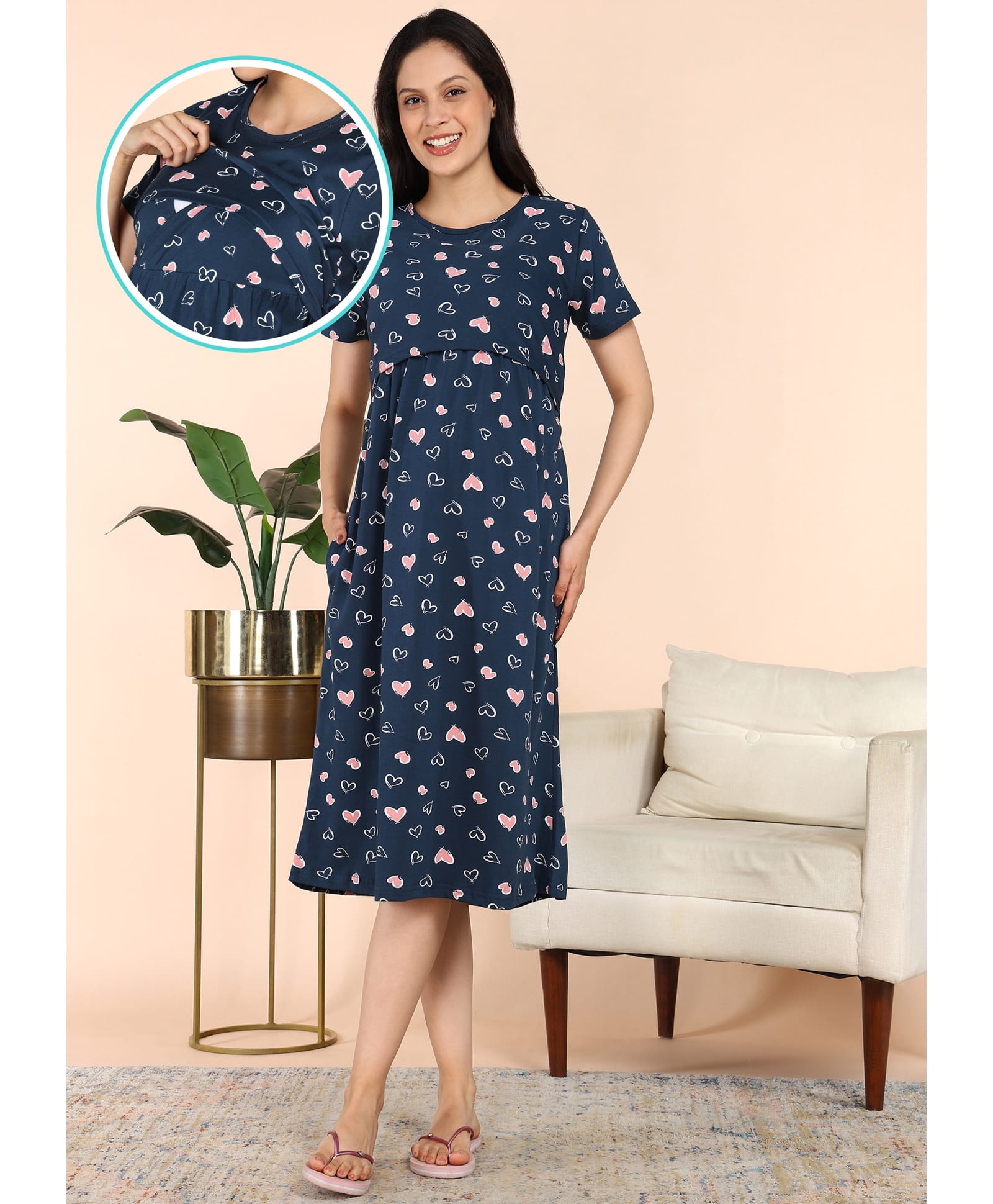 Moms Ever Knitted Knit Half Sleeves Hearts Printed Nighty With Overlap Nursing Access - Navy Blue-image-34